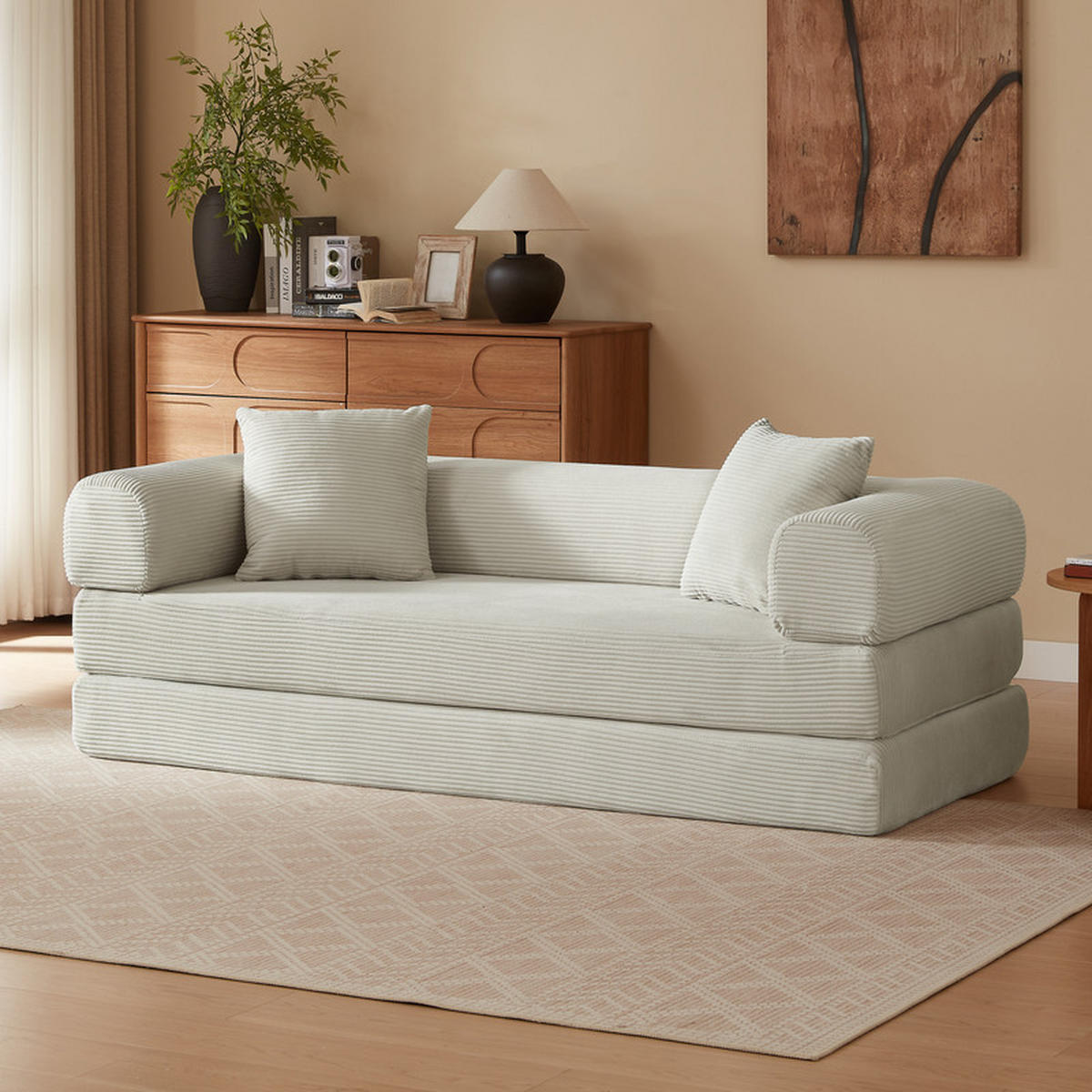 SCHLAFSOFA 195/89/59 cm Beige Samtstoff, 3-Sitzer - Beige, Textil (89/59/195cm) - Oxeza