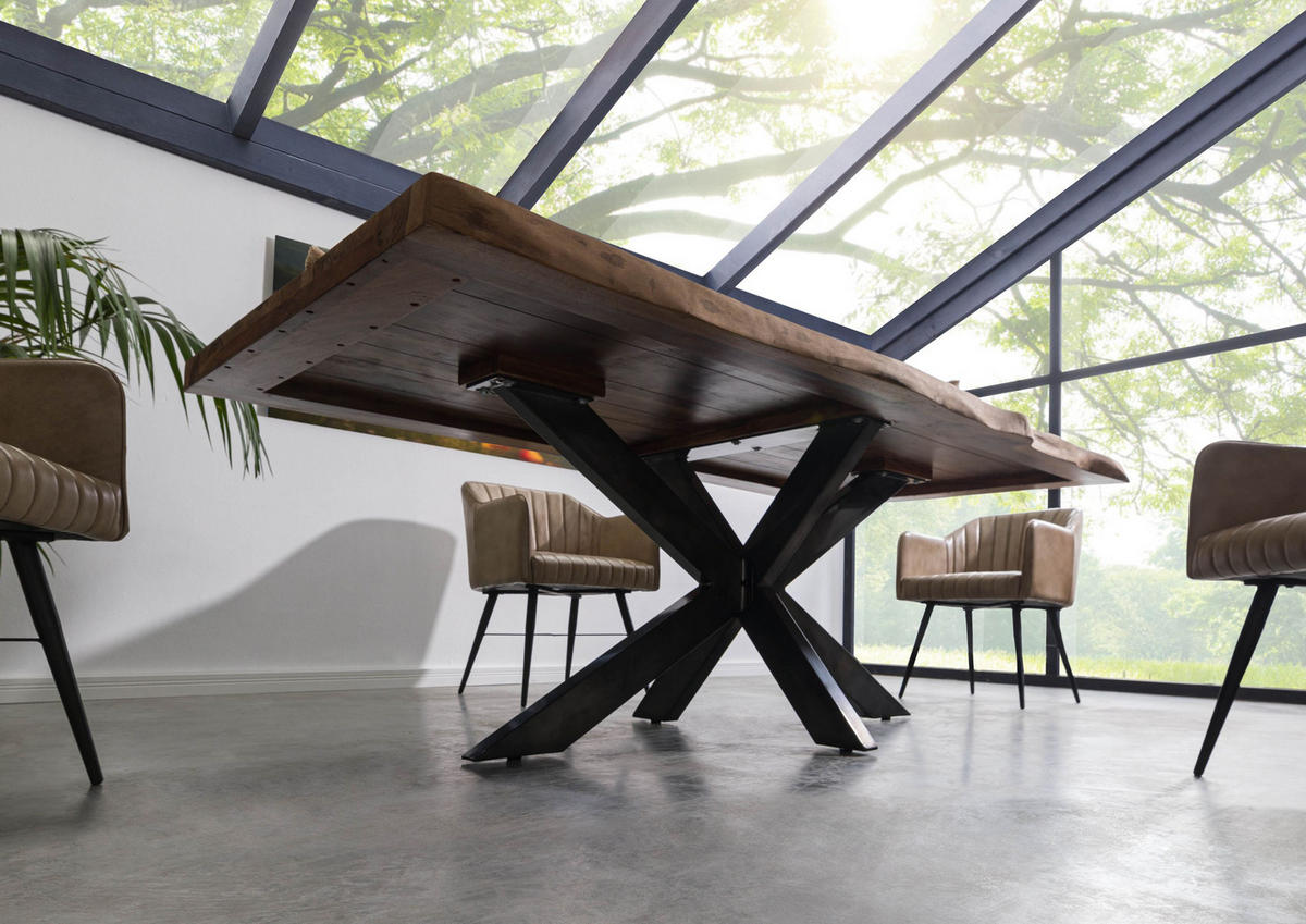 BAUMTISCH Sheesham 180x90x77 grau gebeizt / Kreuzgestell anthrazit glänzend FREEFORM 5 - Grau, Holz (180/90/77cm) - Massivmoebel24