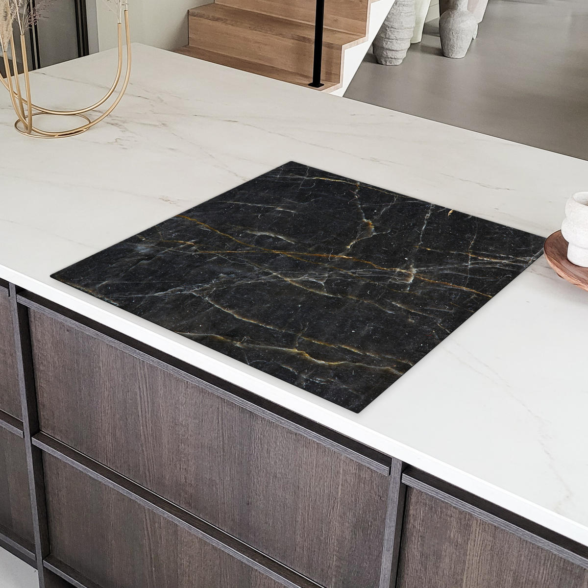 HERDABDECKPLATTE Marmor - Schwarz - Gold - Grau - Marmorstruktur Induktionsmatte 78x78 cm - Goldfarben, Kunststoff (78/78/0.2cm) - MuchoWow