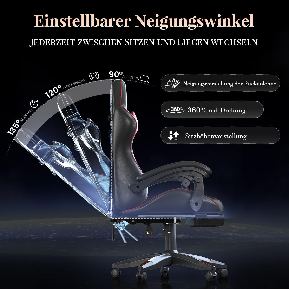 GAMINGSTUHL Schwarz-Rot,mit Massage,Fußstütze, Ergonomisch, Verstellbar - Rot, Metall (26/59/77cm) - Rattrix