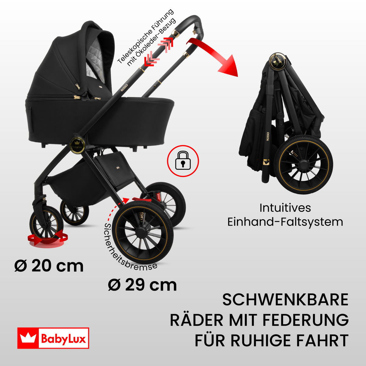 KINDERWAGEN Rosso 3in1 Schwarz Babywanne, Buggy Sportsitz, Babyschale I-Size - Schwarz, Textil/Metall (58/99cm) - BabyLux