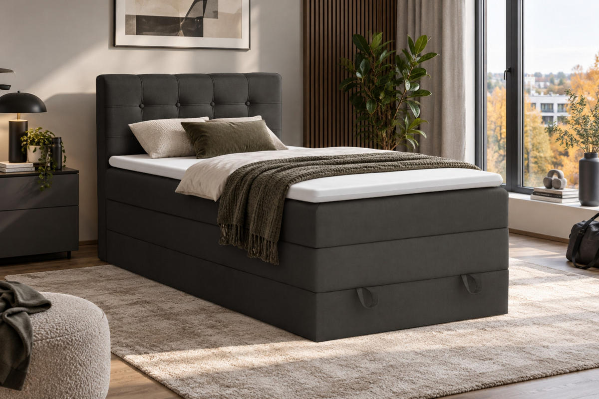 BOXSPRINGBETT JUNG 1 90/200 Velours Anthrazit mit Matratzen H3 + H4 - Anthrazit, Holz/Holzwerkstoff (92/200cm) - Deine Möbel 24