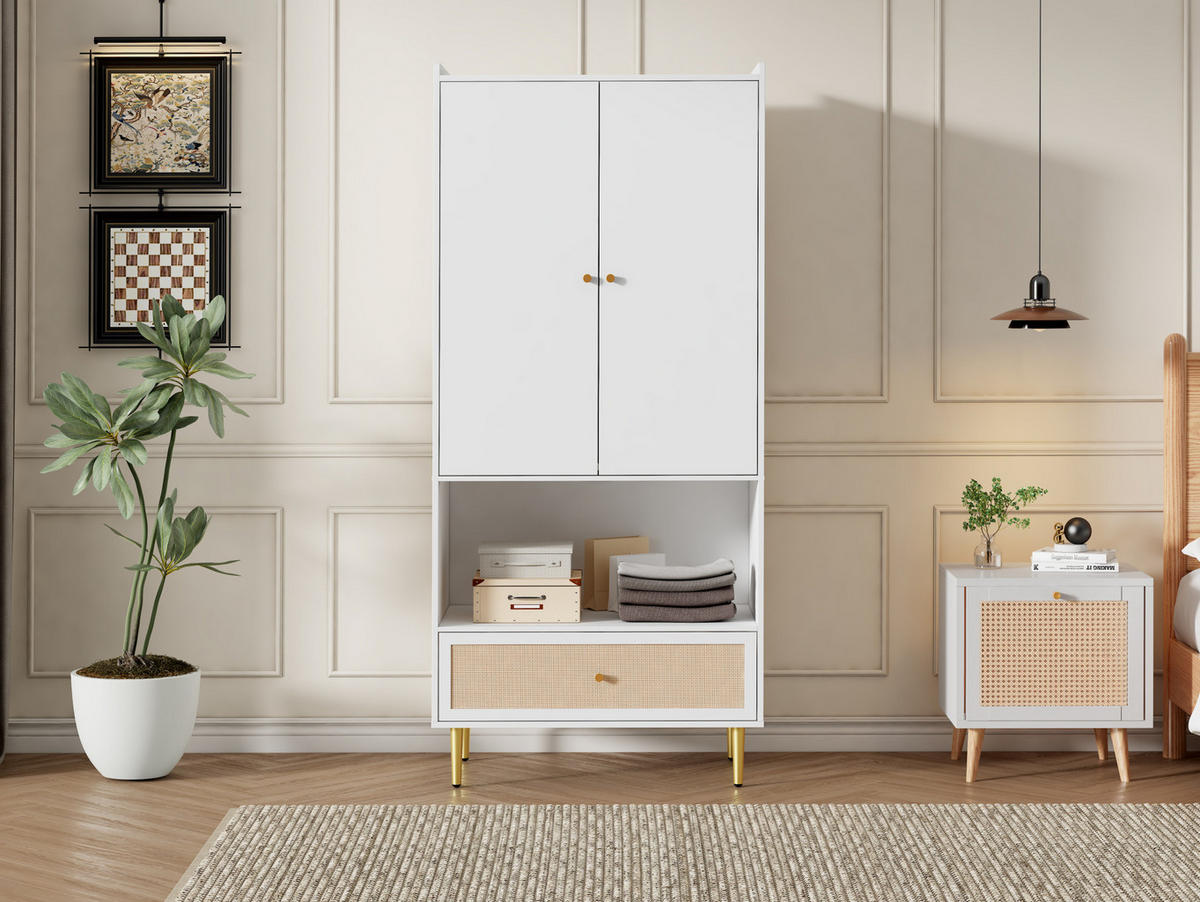 KLEIDERSCHRANK, Spanplatte mit Rattan-Schublade & Kleiderstange, 80/48/175 cm, Weiß/Natur - Weiß, Holzwerkstoff (80/175/48cm) - Redom