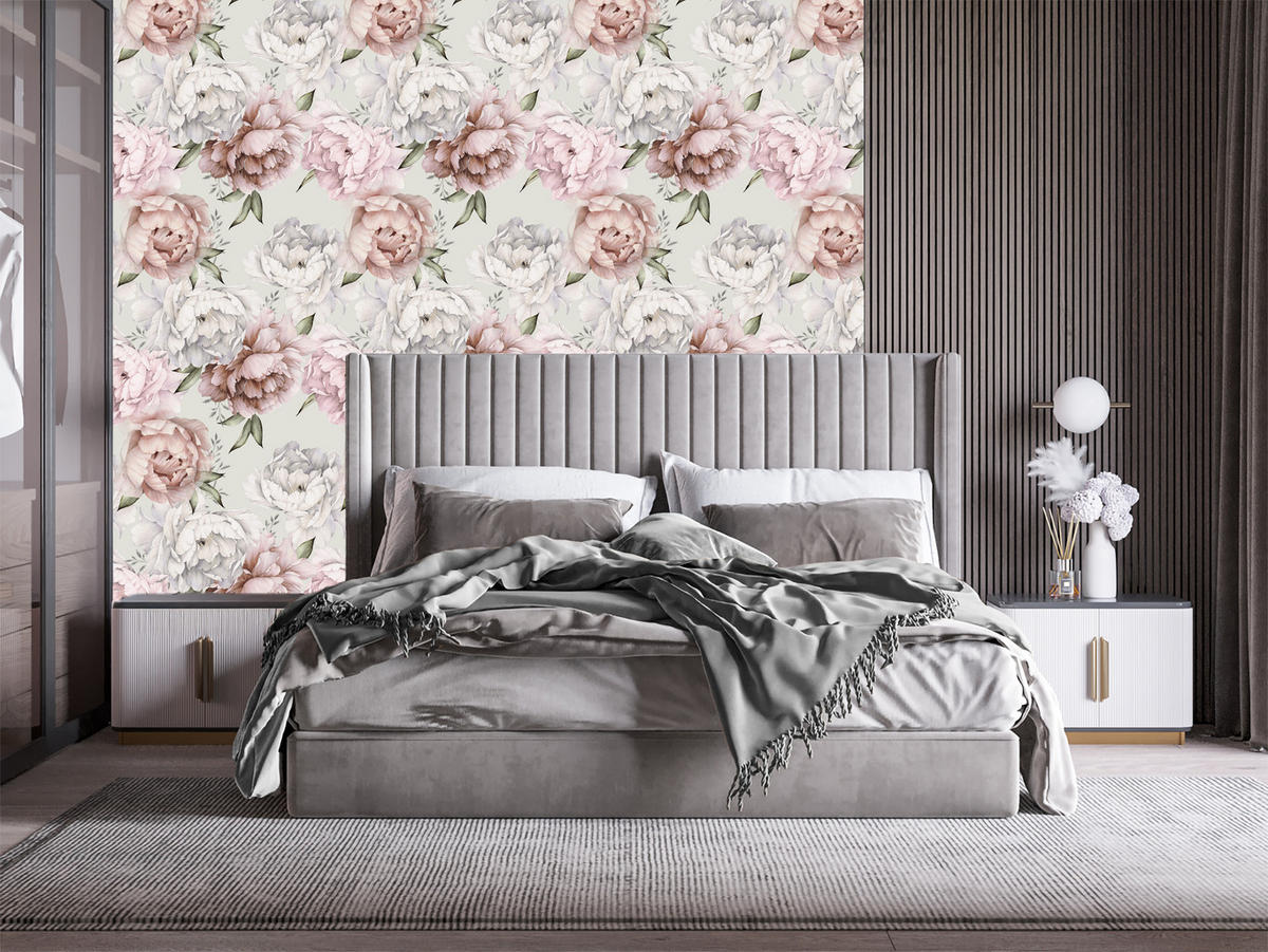 VLIESTAPETE Pfingstrosen im englischen Stil – Rosa, Grau, Weiß – 50x1000 cm - Rosa/Weiß, Papier (50/1000cm) - Muralo
