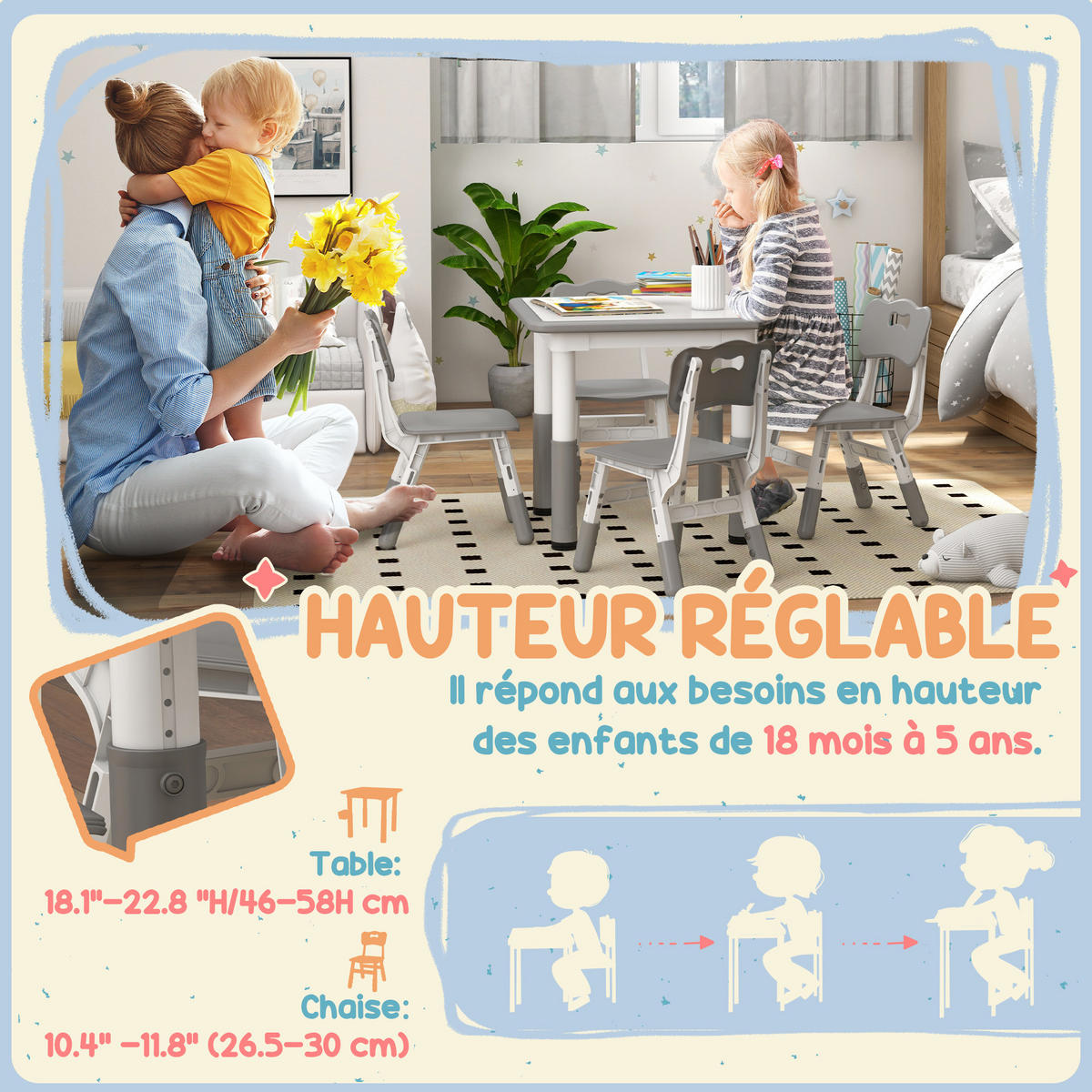 KINDERSITZGRUPPE DE-17549 höhenverstellbar mit 4 Stühlen Grau - Grau, Holzwerkstoff (60/58/60cm) - ComfortXL
