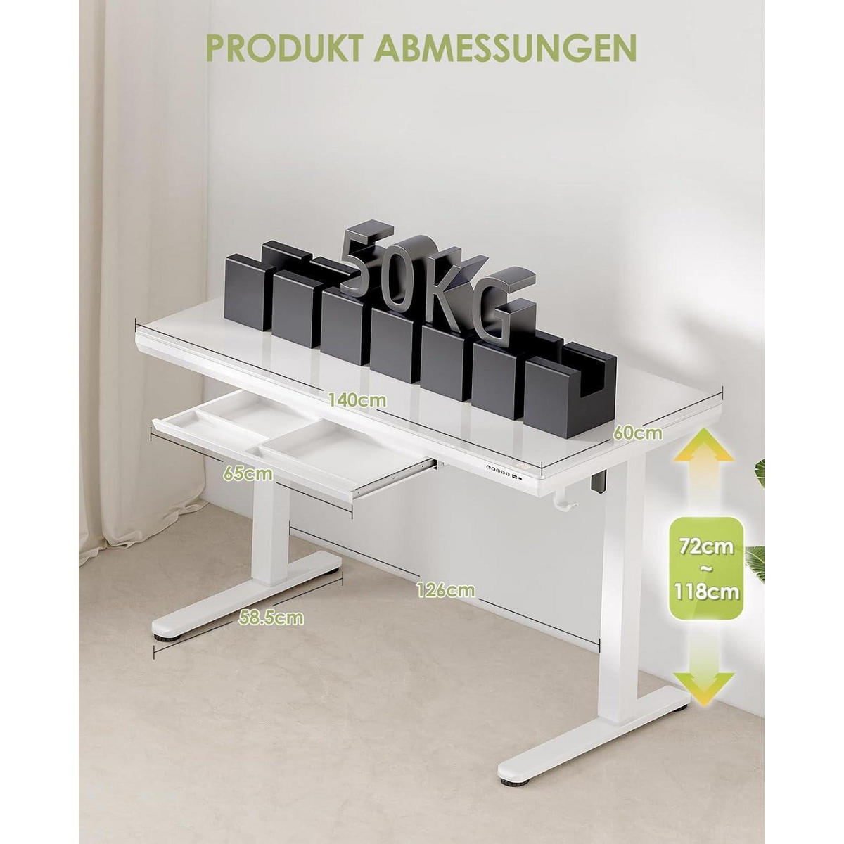 SCHREIBTISCH elektrisch höhenverstellbar 140 x 60 cm mit Schublade und USB-Anschlüssen Weiß - Weiß, Glas (140/60/72cm)