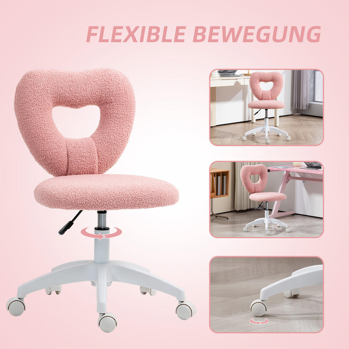 SCHREIBTISCHSTUHL Bürostuhl Drehbar Homeoffice Stuhl mit Herzförmige Rückenlehne - Rosa, Kunststoff (45/88/56cm) - HOMCOM