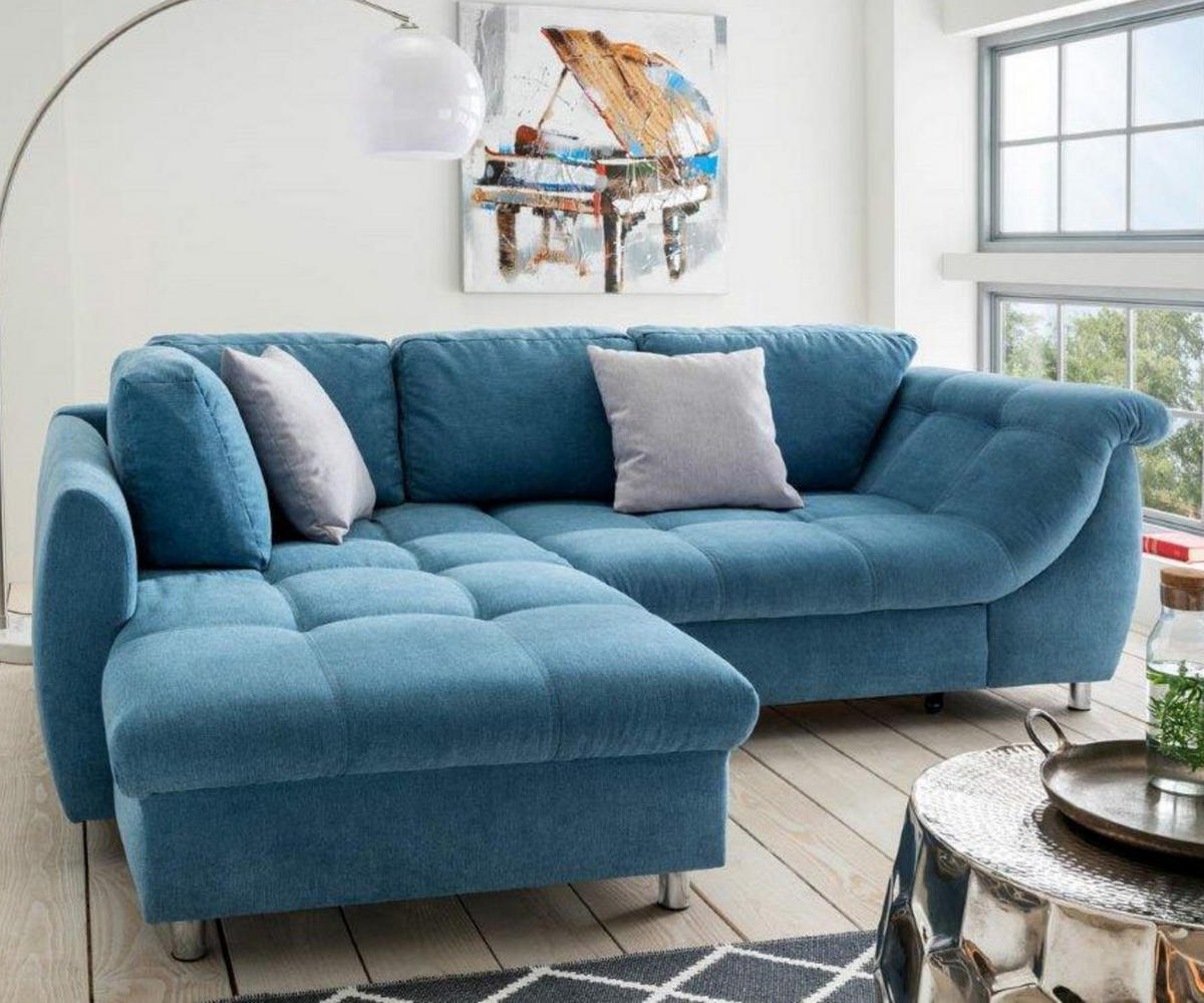 ECKSOFA mit Schlaffunktion, Wellenunterfederung, Ottomane links B250/T190/H84 cm, Liegefl. 179x190 cm, Mikrofaser Blau / 17108 - Blau/Chromfarben, Textil/Metall (250/190cm) - luma-home