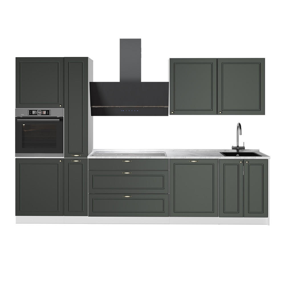 KÜCHENZEILE Fame-Line, Grün-Gold Landhaus/Weiß, 310 cm, AP Marmor - Weiß/Grün, Holzwerkstoff (310/206.8/60cm) - Vicco
