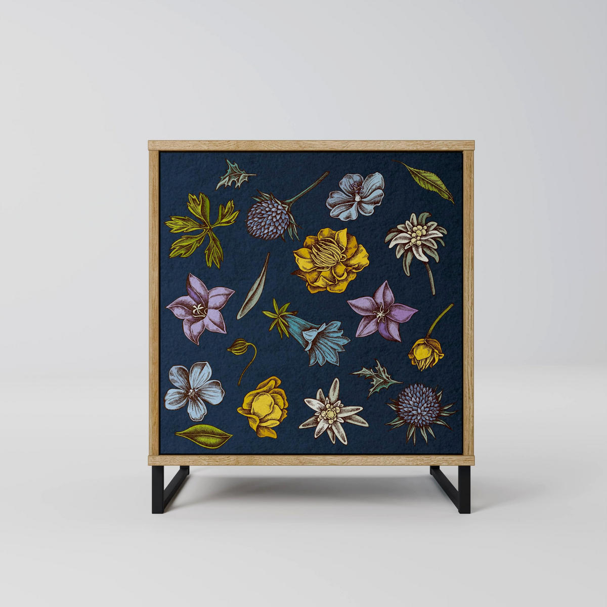 SIDEBOARD FLOWERS ON NAVY BLUE, Eichefarben, 57,5x42x70,5 cm, Schwarze Metall-Sternfüße - Eichefarben/Multicolor, Holzwerkstoff/Metall (57.5/70.5/42cm) - SpaceRebels