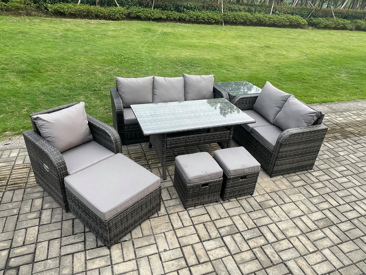 GARTENTISCHGRUPPE mit Liegestuhl,Hocker,Beistelltisch Polyrattan 9-Sitzer - Dunkelgrau/Grau, Glas/Kunststoff - Fimous