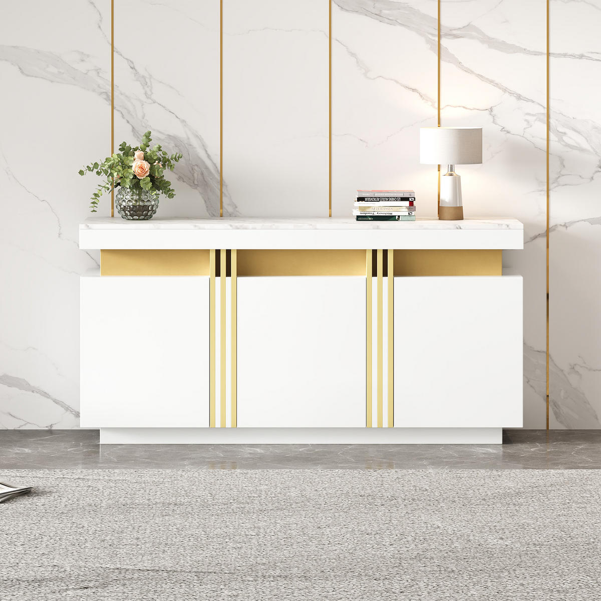 SIDEBOARD Weiß, mit Türen, Innenfächern und goldfarbenen Akzenten, 140/38/70 cm - Weiß, Holzwerkstoff (140/70/38cm) - WISHDOR