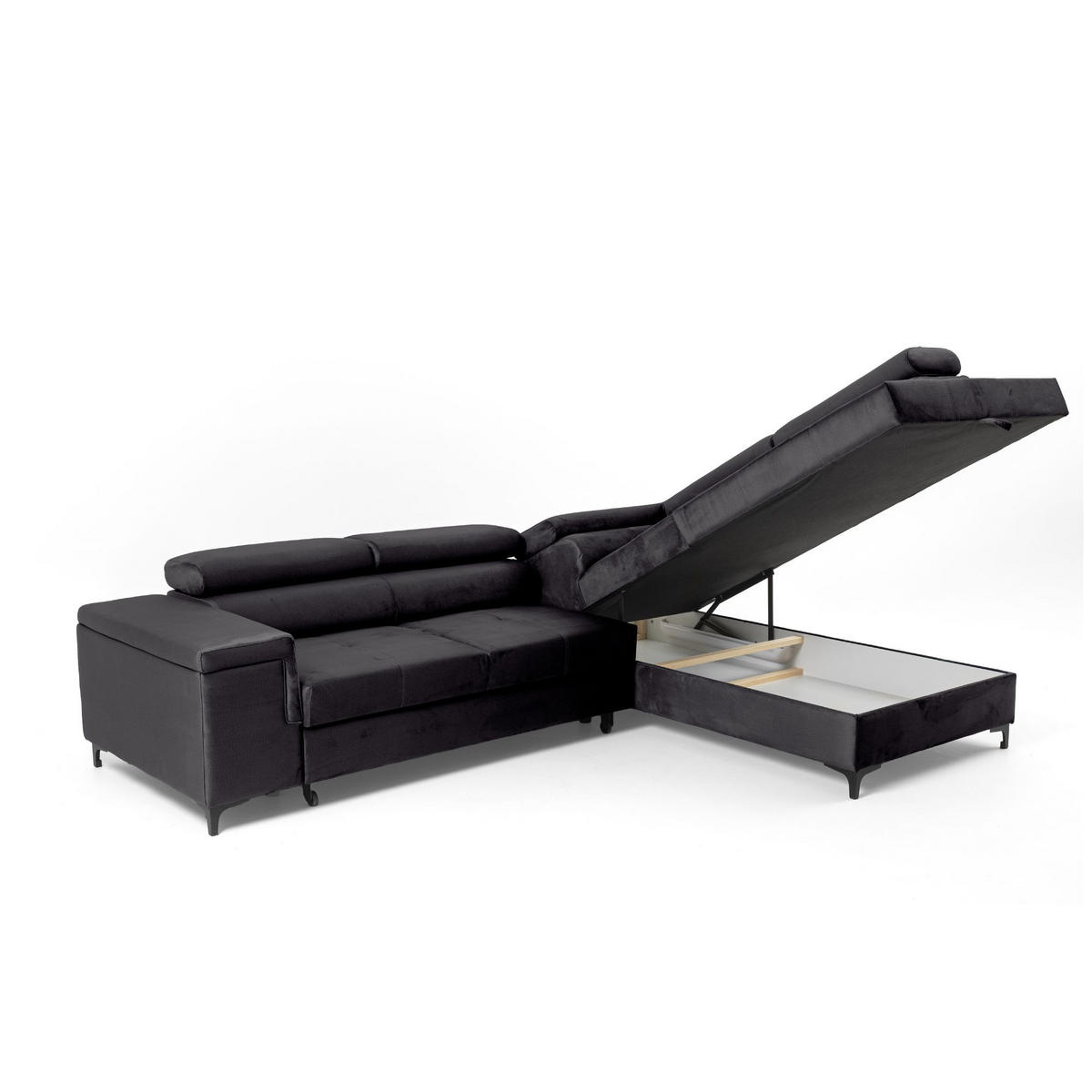 ECKSOFA WILLIAM L Rechts mit Schlaffunktion 127x195 Velours Schwarz - Silberfarben/Schwarz, Holz/Textil (203/275cm) - Muffo