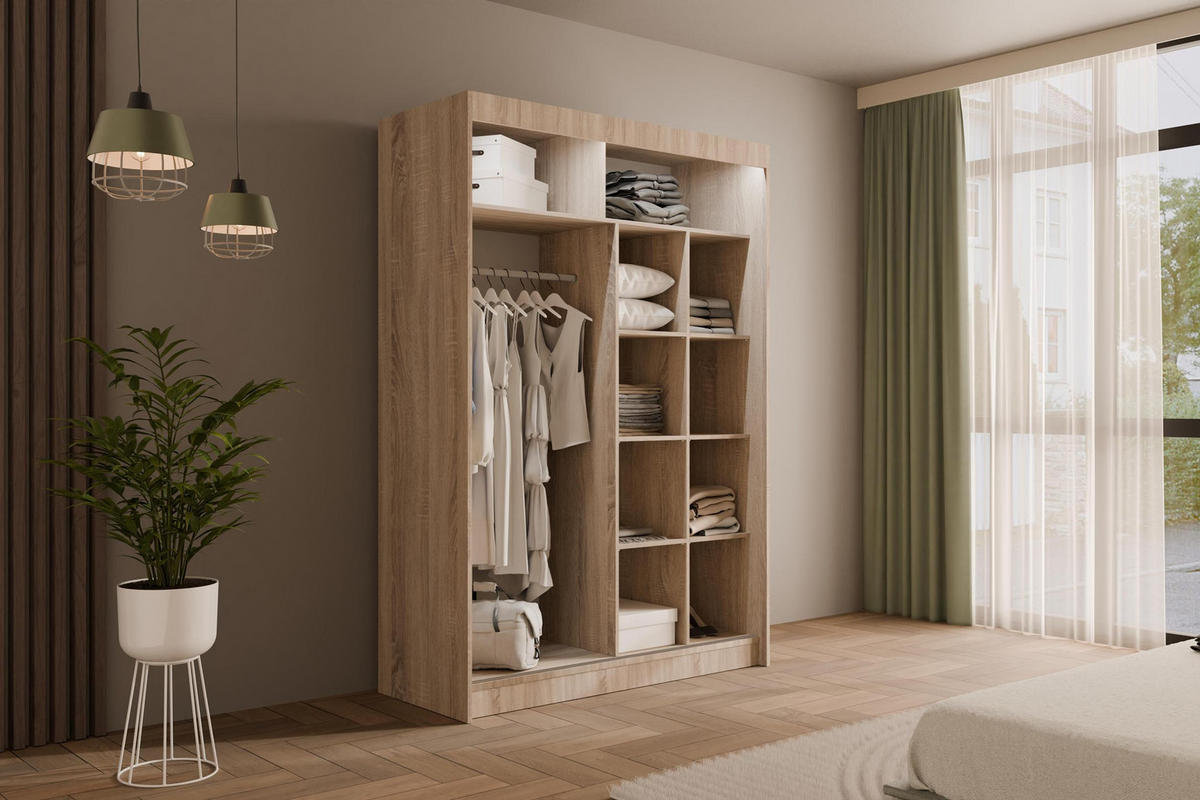 KLEIDERSCHRANK PEKA mit LED - 150 cm - Sonoma Eiche|Weiß - Weiß/Sonoma Eiche, Holzwerkstoff (150/215/61cm) - ALTDECOR