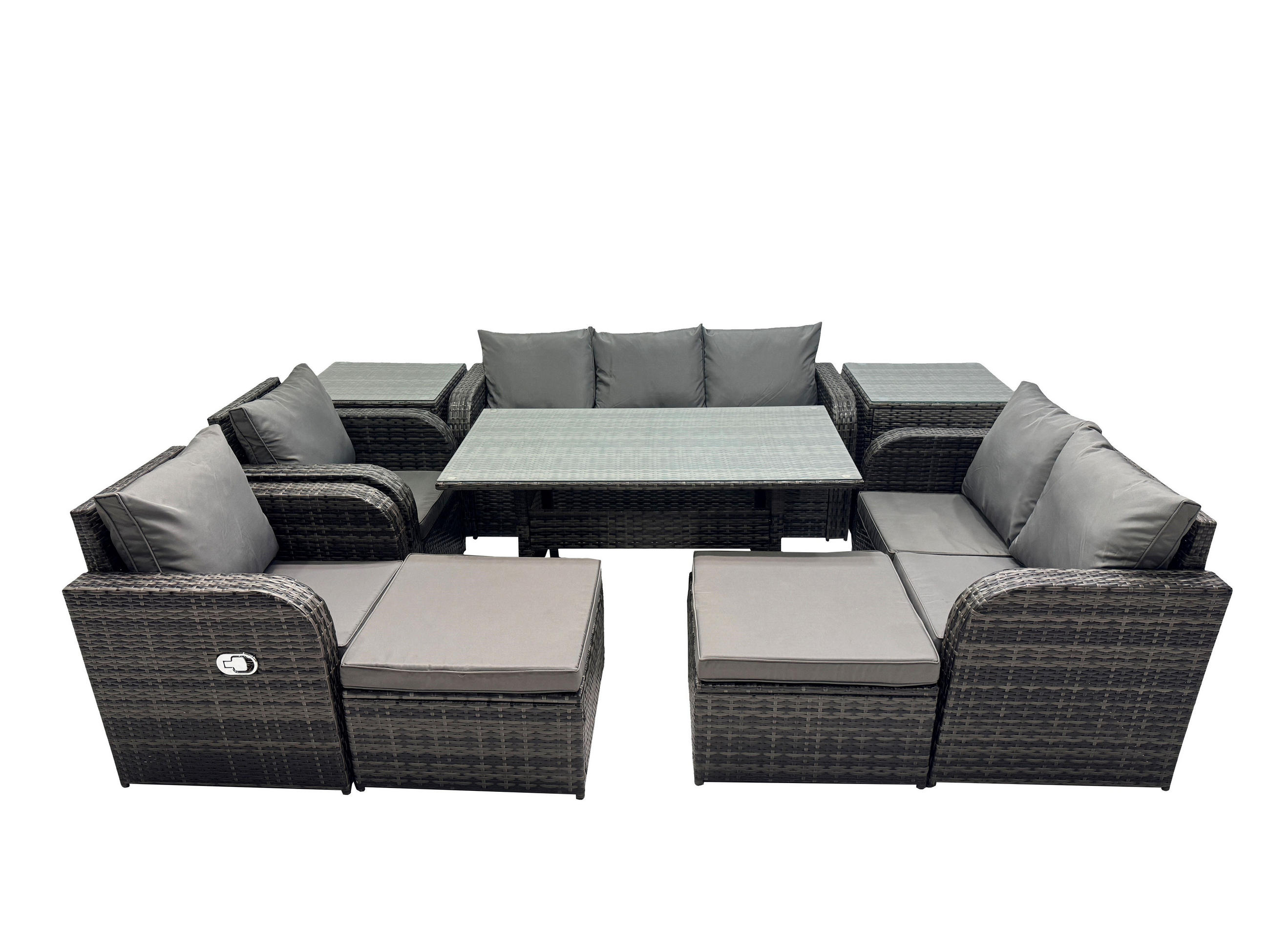 Gartenmöbelset mit 3-Sitzer Sofa,Esstisch,2 Hockern,Beistelltischen Polyrattan Dunkelgrau 9-Sitzer - Dunkelgrau/Grau, Glas/Kunststoff - Fimous