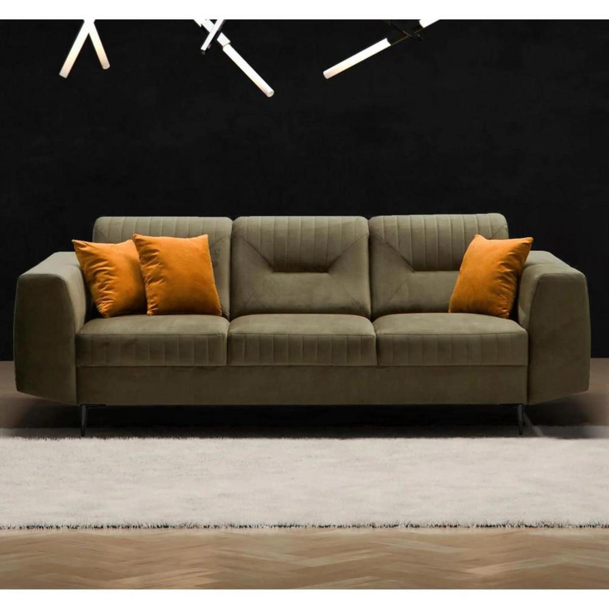 3-SITZER SOFA Venezia olivgrün mit schwarzen Beinen - Schwarz/Olivgrün, Textil (233/85/94cm) - Beautysofa