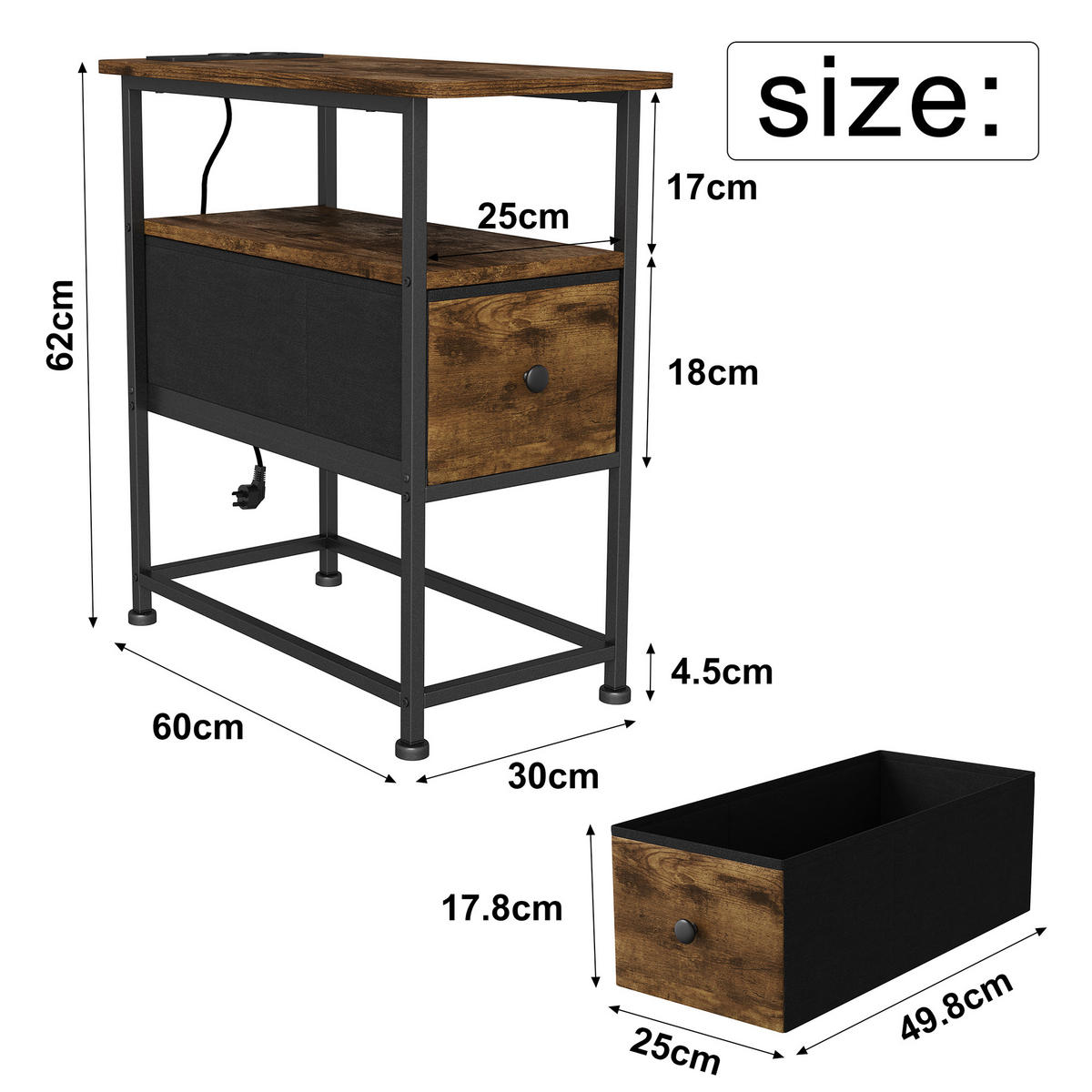 NACHTTISCH LED USB Schublade offene Fächer Tigerstreifen - Naturfarben, Holz (60/62/30cm) - LEBENLANG