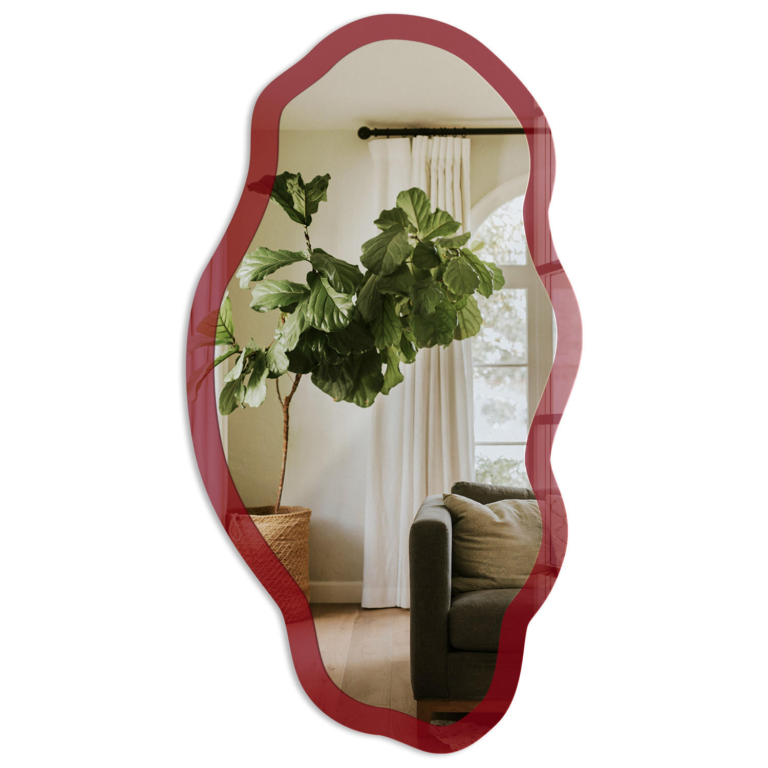 SPIEGEL 90x45 cm asymmetrisch mit Druck - Kräftiges Burgunderrot - Transparent, Glas (45/90/0.4cm) - TULUP