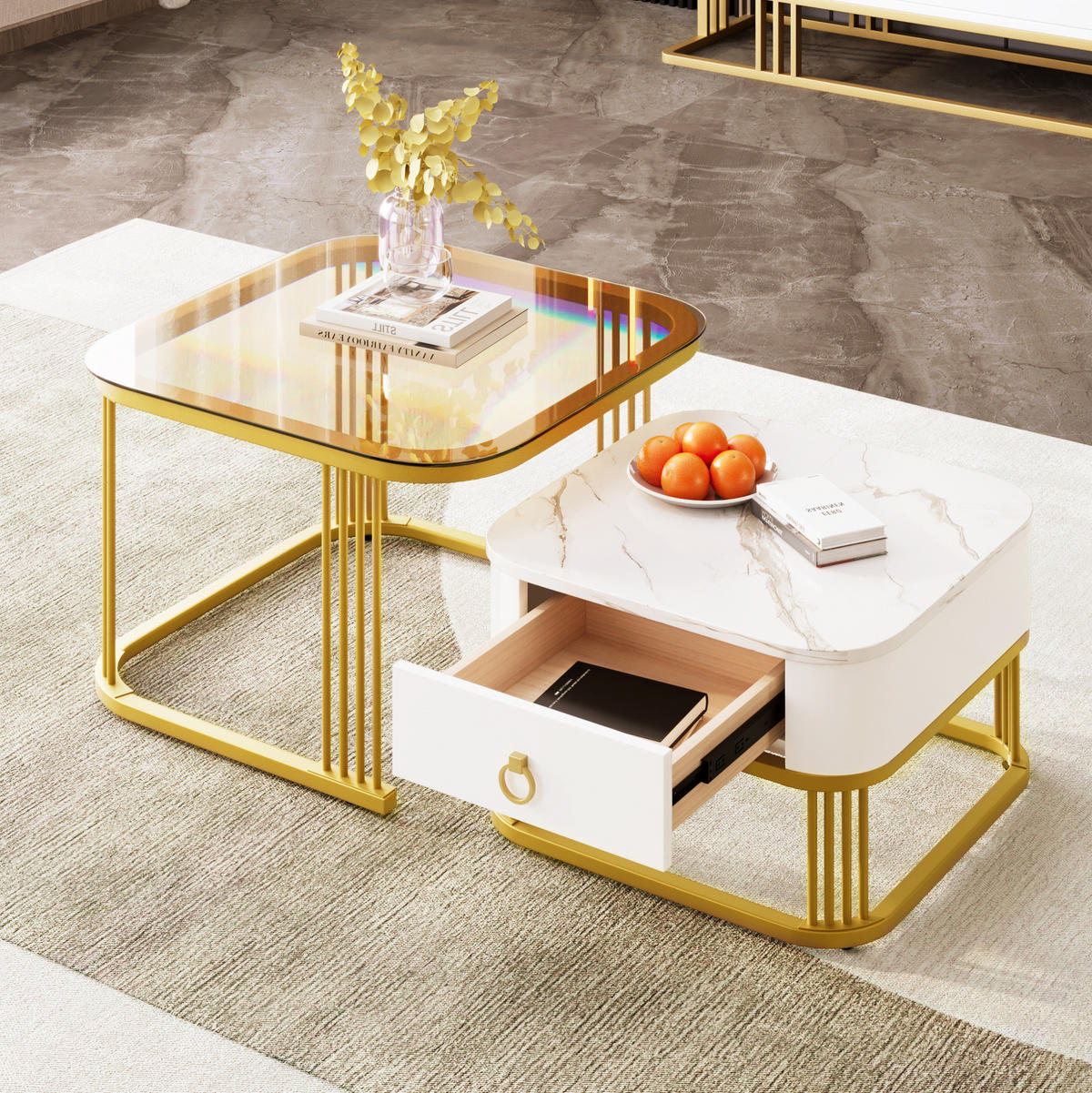 COUCHTISCH-SET, MDF Hochglanz-Marmoroptik, Goldakzente, mit Schublade, 60/60/42,5 + 50/50/34 cm, Weiß und Gold und Teebraun - Braun, Holzwerkstoff (60/60/42.5cm) - Redom