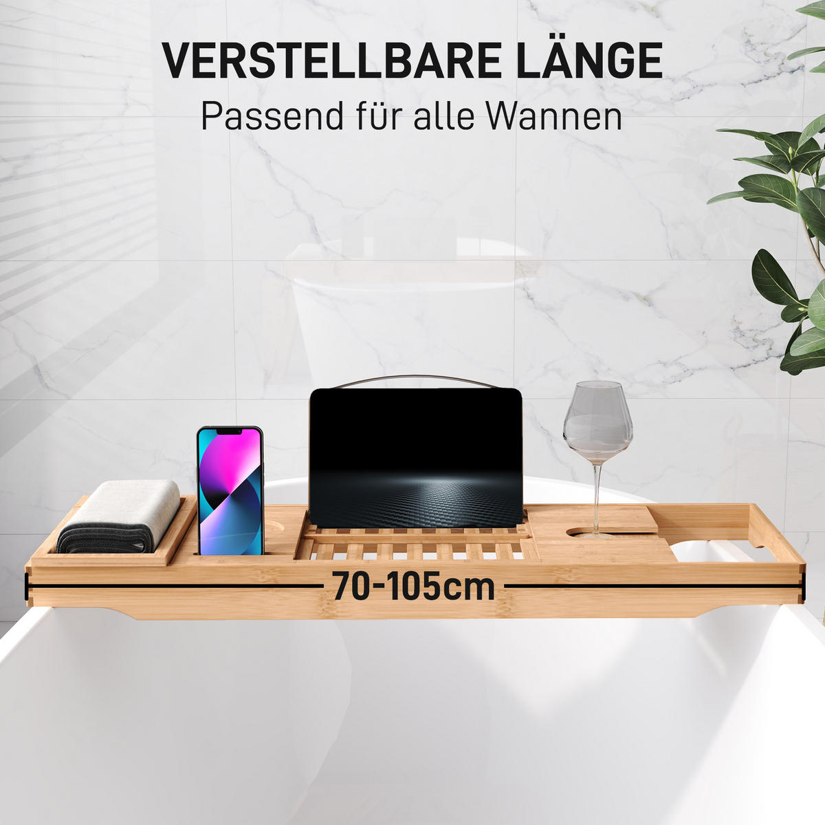 BADEWANNENABLAGE Badewannenbrücke Wannenauflage Tablett Bambus Sekthalter - Naturfarben, Holz (218/5/105cm) - HOMCOM
