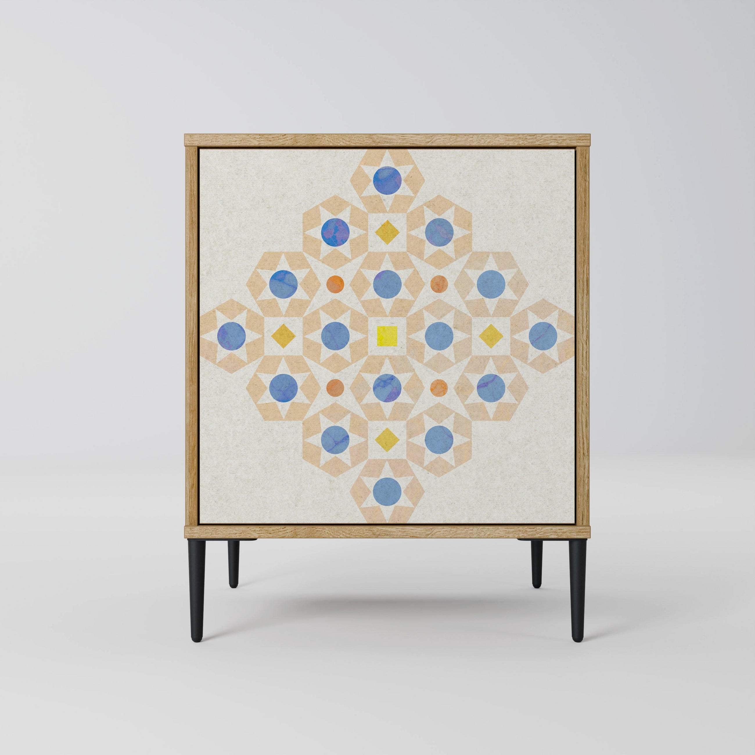 SIDEBOARD PATTERNED PRISM, Eichefarben, 57,5x42x72,5 cm, Schwarze Metallfüße - Eichefarben/Multicolor, Holzwerkstoff/Metall (57.5/72.5/42cm) - SpaceRebels
