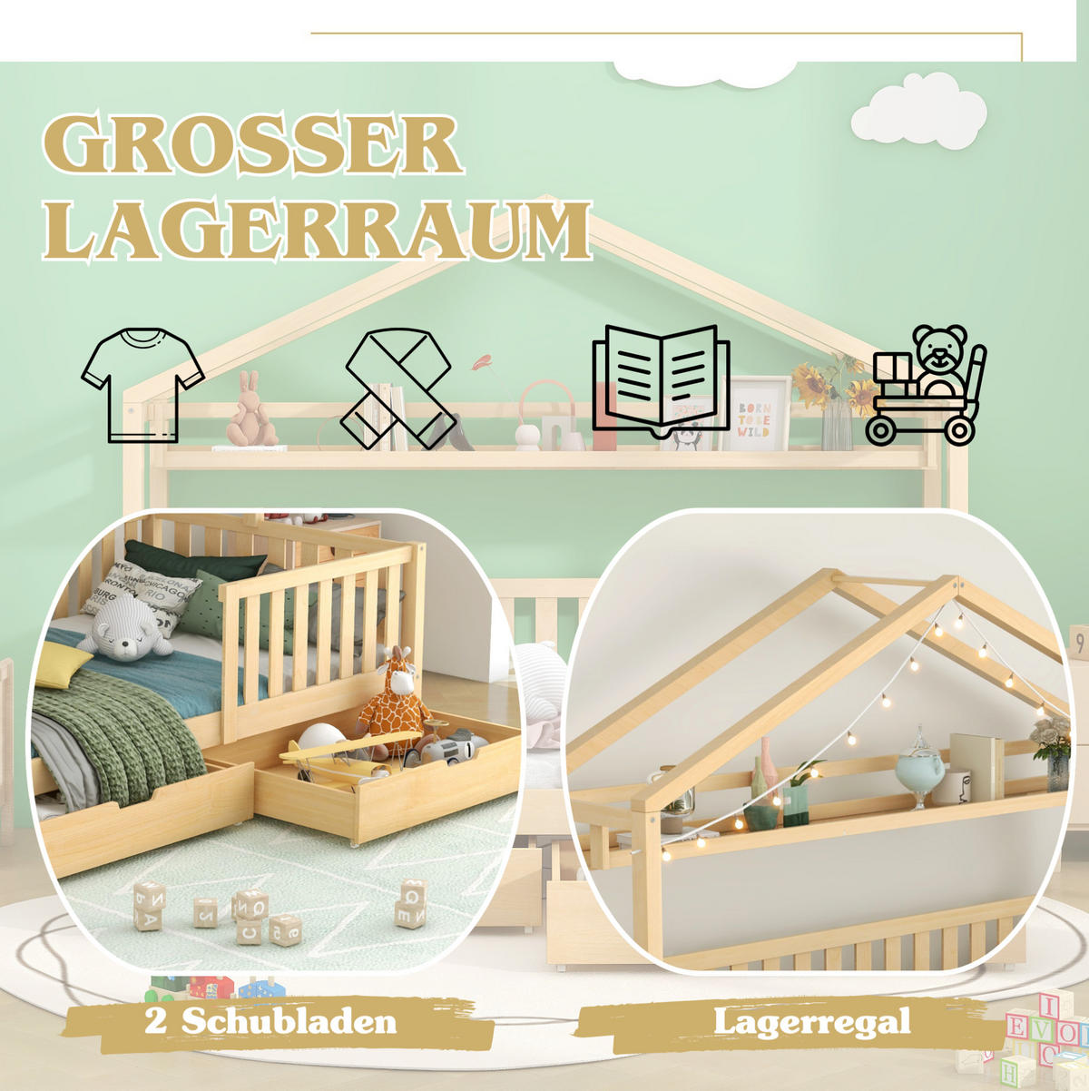 KINDERBETT Hausbett 90/200 cm mit 2 Schubladen, Ablage und Lattenrost, Massivholz Kiefer, Natur - Naturfarben, Holz (90/200cm) - Redom