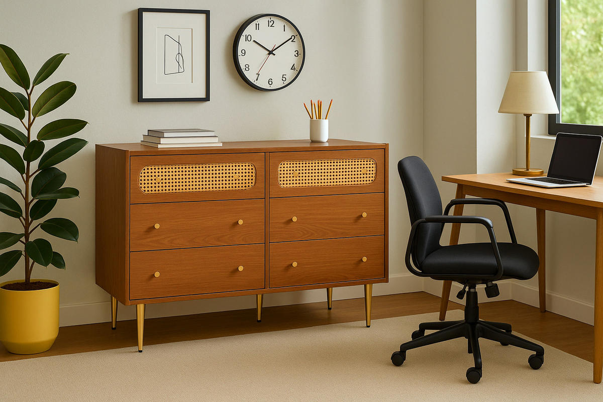 SIDEBOARD mit 6 Schubladen und Rattan-Elementen - Braun, Holzwerkstoff/Metall (120/90/40cm) - Urban Meuble