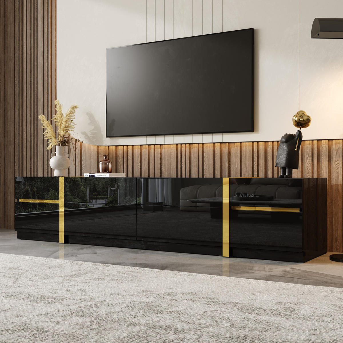 TV-SCHRANK Lowboard Hochglanz Goldkante Türen Schubladen - Schwarz, Holz (180/38/40cm) - LEBENLANG