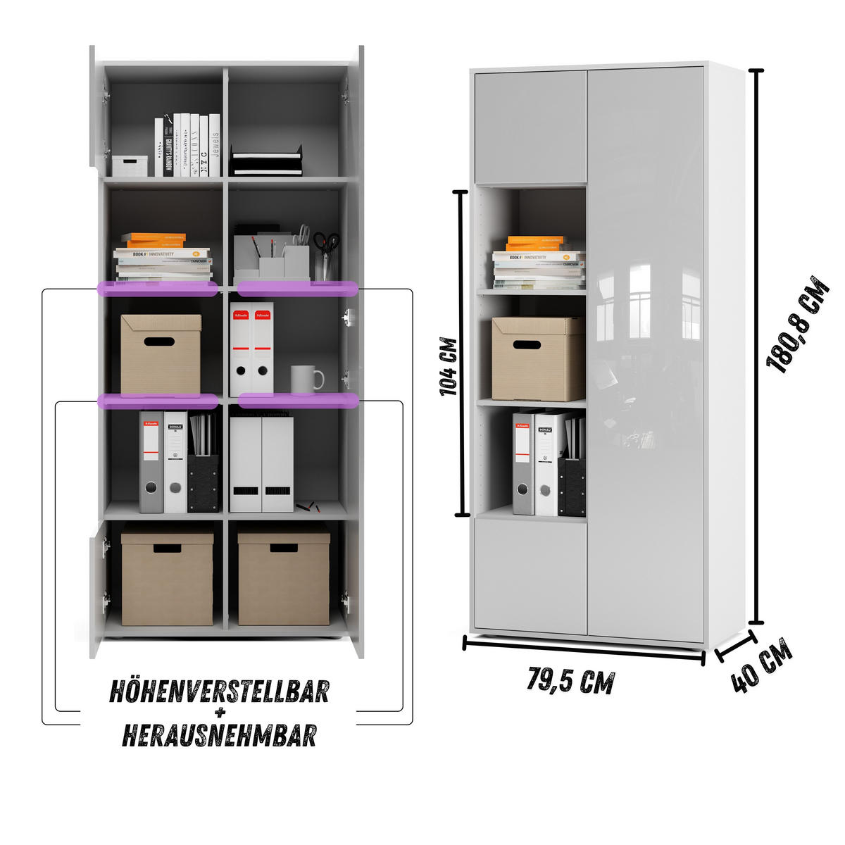 AKTENSCHRANK Amira T30 Weiß Hochglanz 180/80/40 cm - Weiß Hochglanz, Holzwerkstoff (80/180/40cm) - SIMPLYFURN