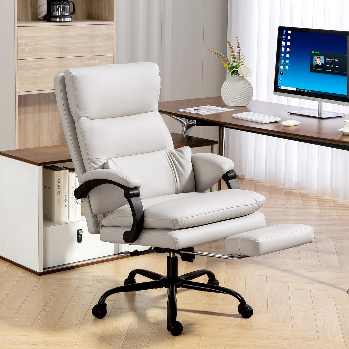 BÜROSTUHL Schreibtischstuhl mit Lendenwirbelstütze, Armlehne Fußstütze Hellgrau - Hellgrau/Schwarz, Metall (60/121/66cm) - HOMCOM