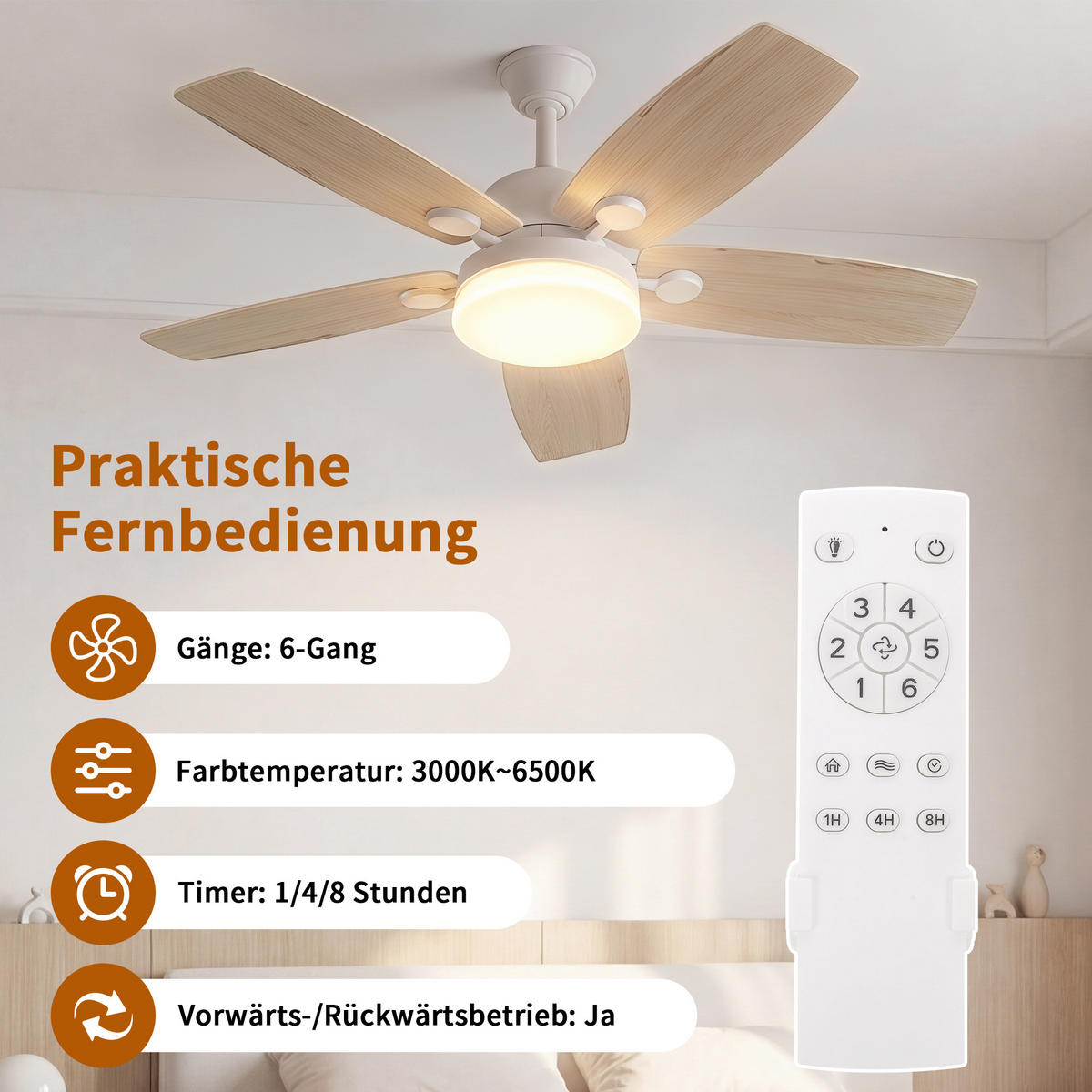 DECKENVENTILATOR mit LED-Licht, 106,6 cm, 5 Holzflügel, 6 Stufen & Timer - Naturfarben, Metall (106.6/106.6/39cm) - EuroLiving