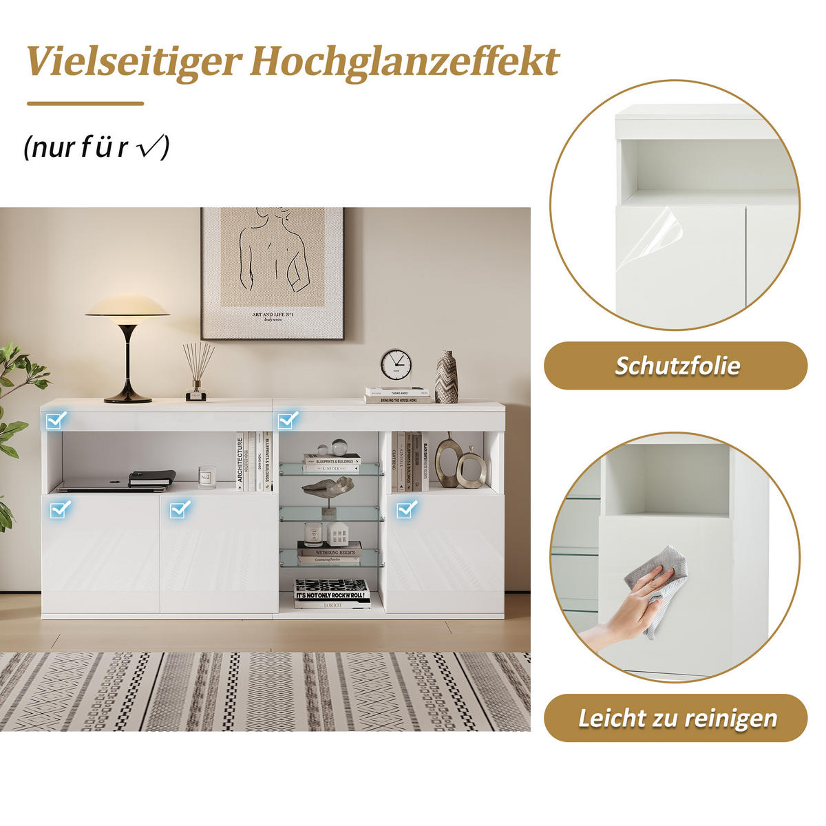 SIDEBOARD in Weiß Hochglanz mit App-gesteuerter LED - Weiß, Holzwerkstoff (155/72/35cm) - Urban Meuble