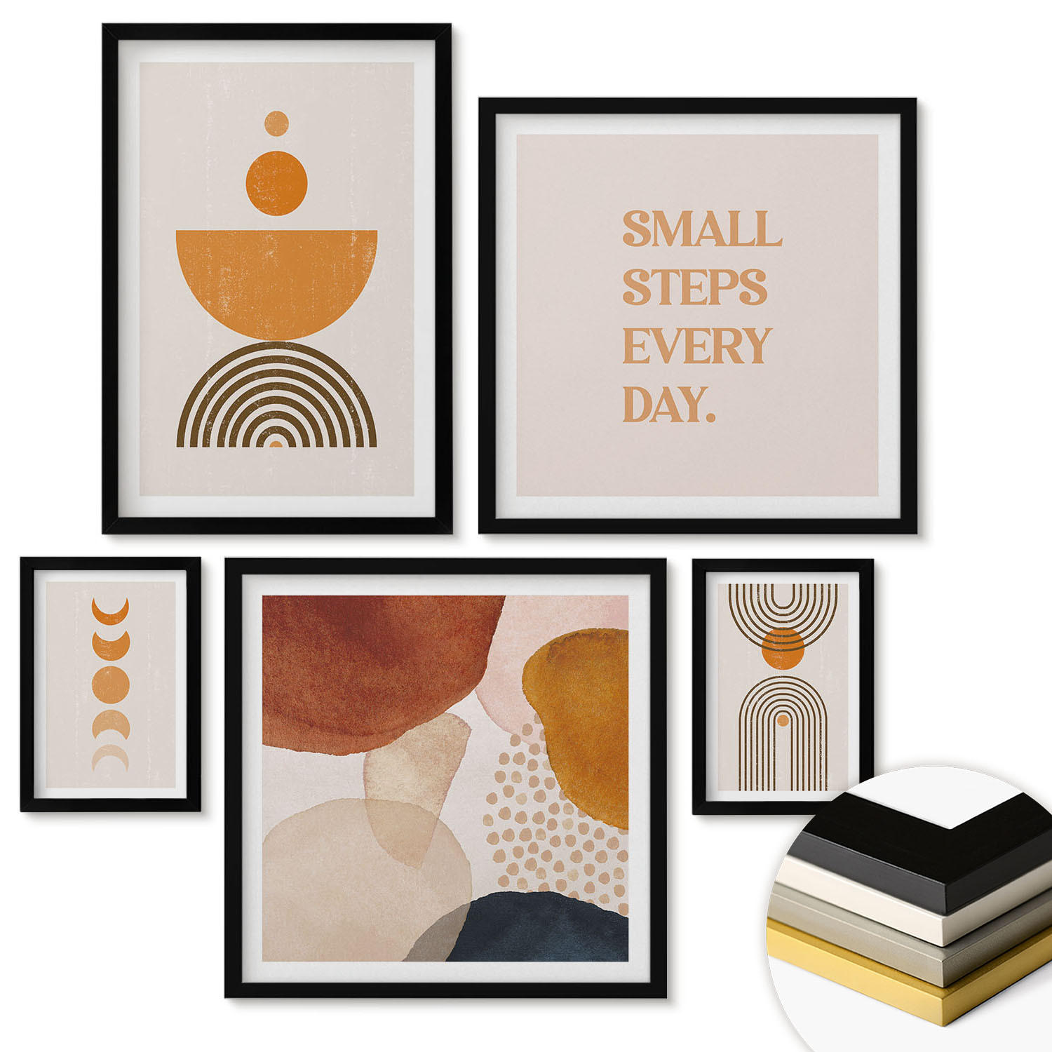 WANDBILDER 5er-Set - 50x50 cm & 20x30 cm & 40x60 cm Schwarzer Rahmen - Boho-minimalistische Dekorationen - Schwarz, Kunststoff (40/60cm) - ArtPrintCave