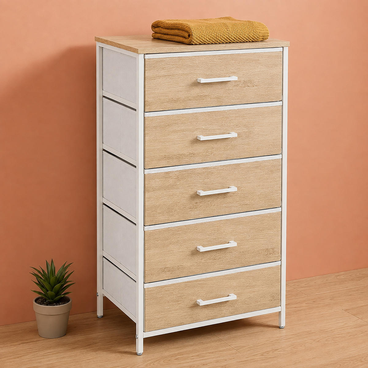 KOMODA Drvni dekor-Bijela 5 ladica - svijetlo smeđa, drvni materijal/metal (45/94/30cm) - Relaxdays