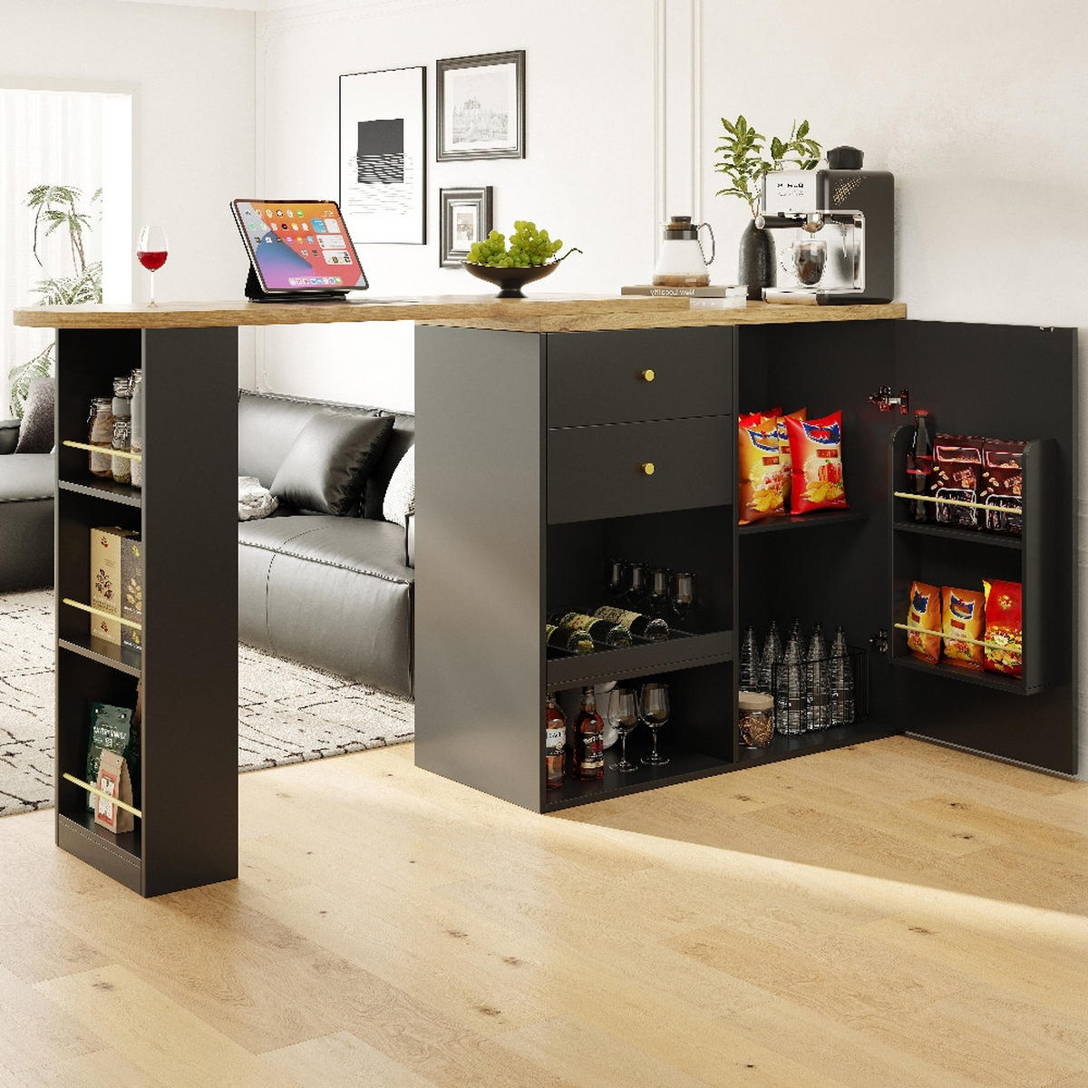 KÜCHENINSEL DREHBARER BARTISCH mit Schubladen, Schiebetürschrank, MDF, Schwarz, 105/39/102 cm - Schwarz, Kunststoff (39/102/105cm) - Rolipo