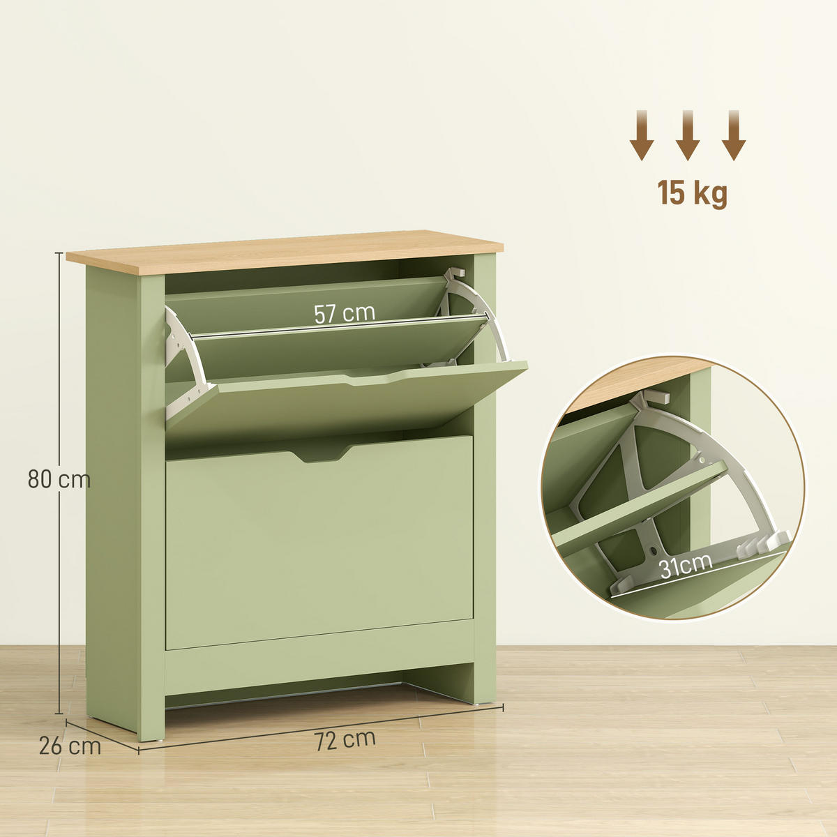SCHUHSCHRANK Grün Eiche Spanplatte klappbar mit Fächern 1 Stück - Grün, Holz (72/80/26cm) - PANGIVO