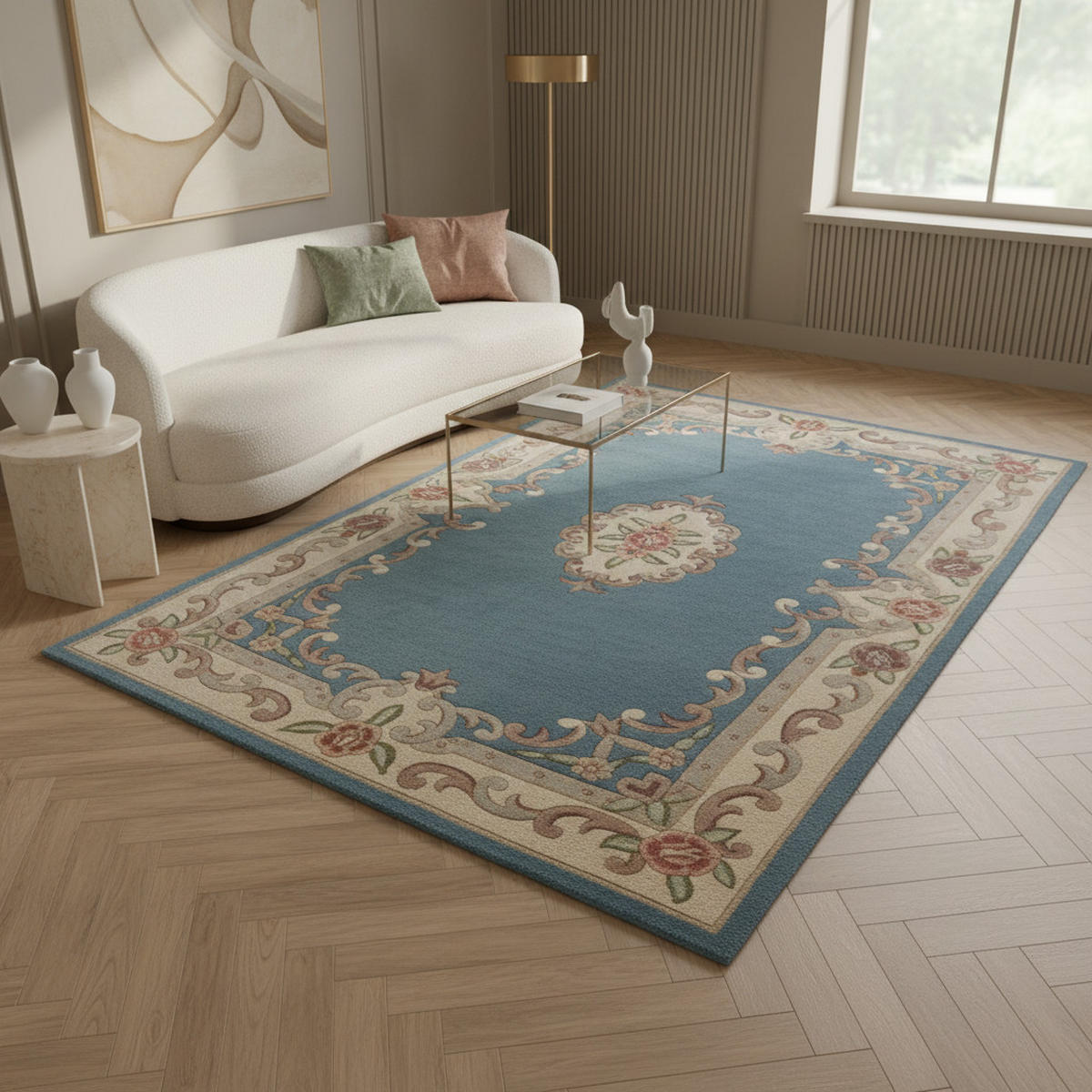 WOLLTEPPICH Aubusson-Muster handgeknüpft BEAULY, Blau-Beige 120x180 cm - Blau, Textil (120/180cm) - KADIMA DESIGN