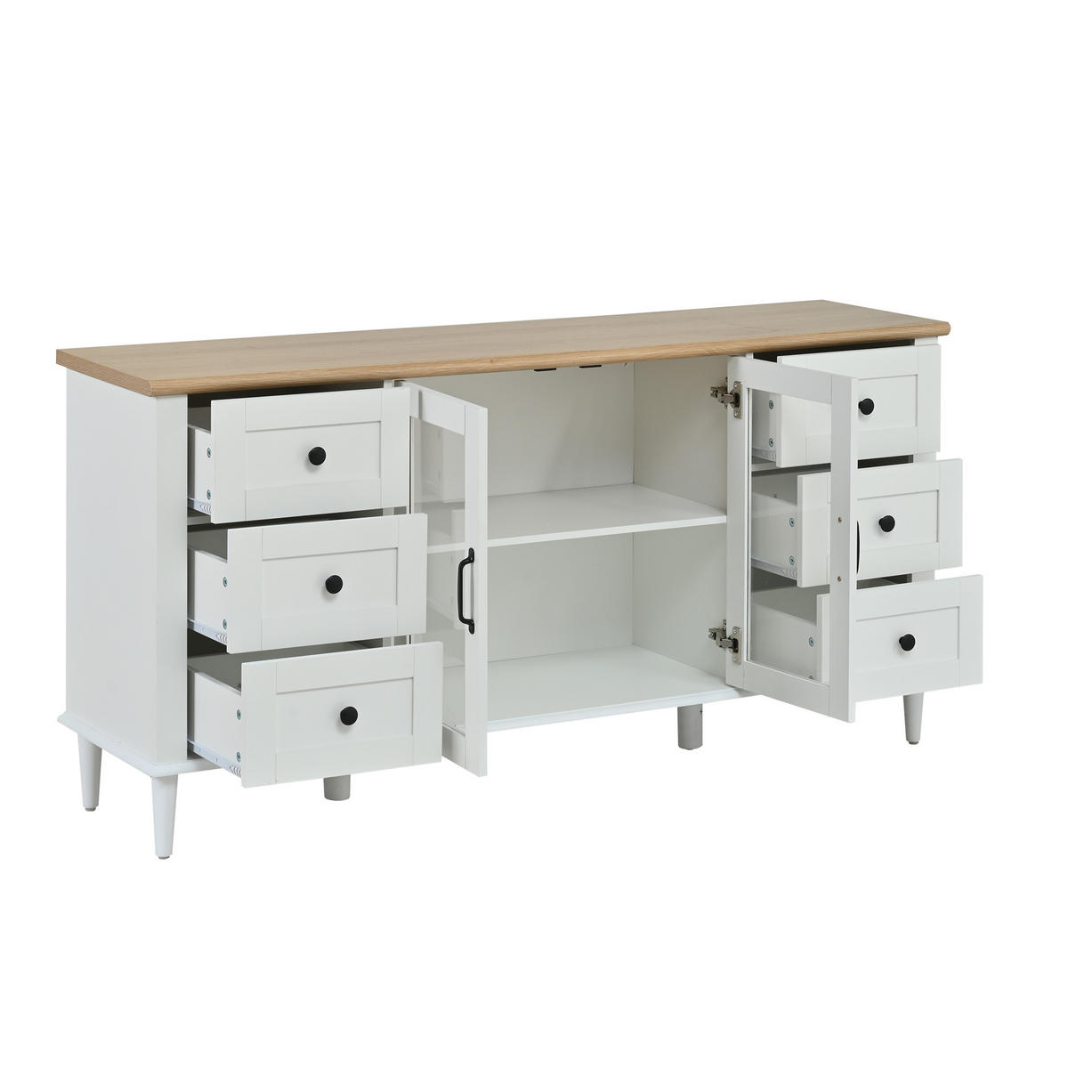 SIDEBOARD 150/40/75 cm mit 2 Acryltüren, 6 Schubladen & LED in Weiß/Holzoptik - Weiß, Holzwerkstoff (150/75/40cm) - BEAOK