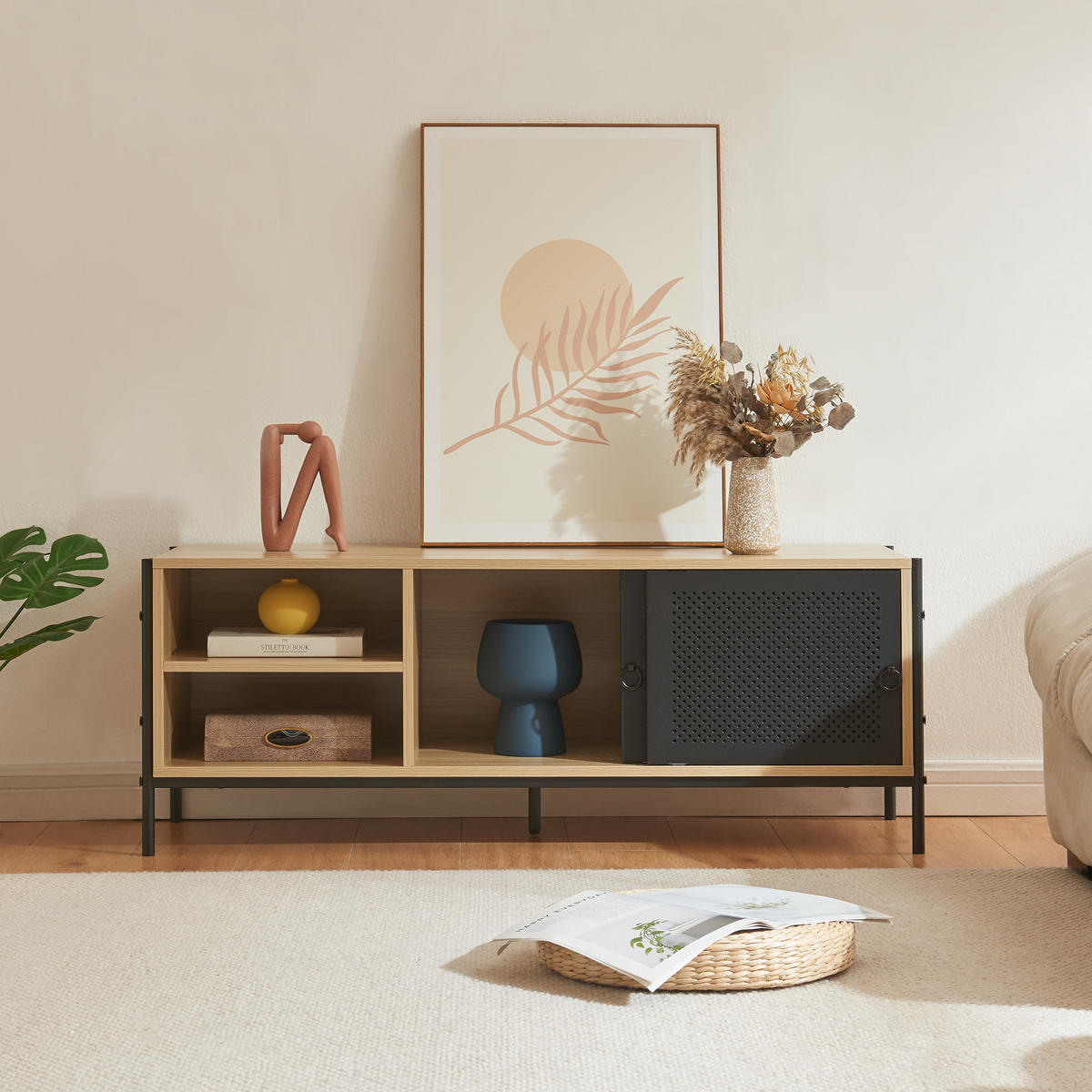 TV-ELEMENT Tysnes - Eichefarben/Schwarz, Holzwerkstoff/Metall (120/45/40cm) - [en.casa]