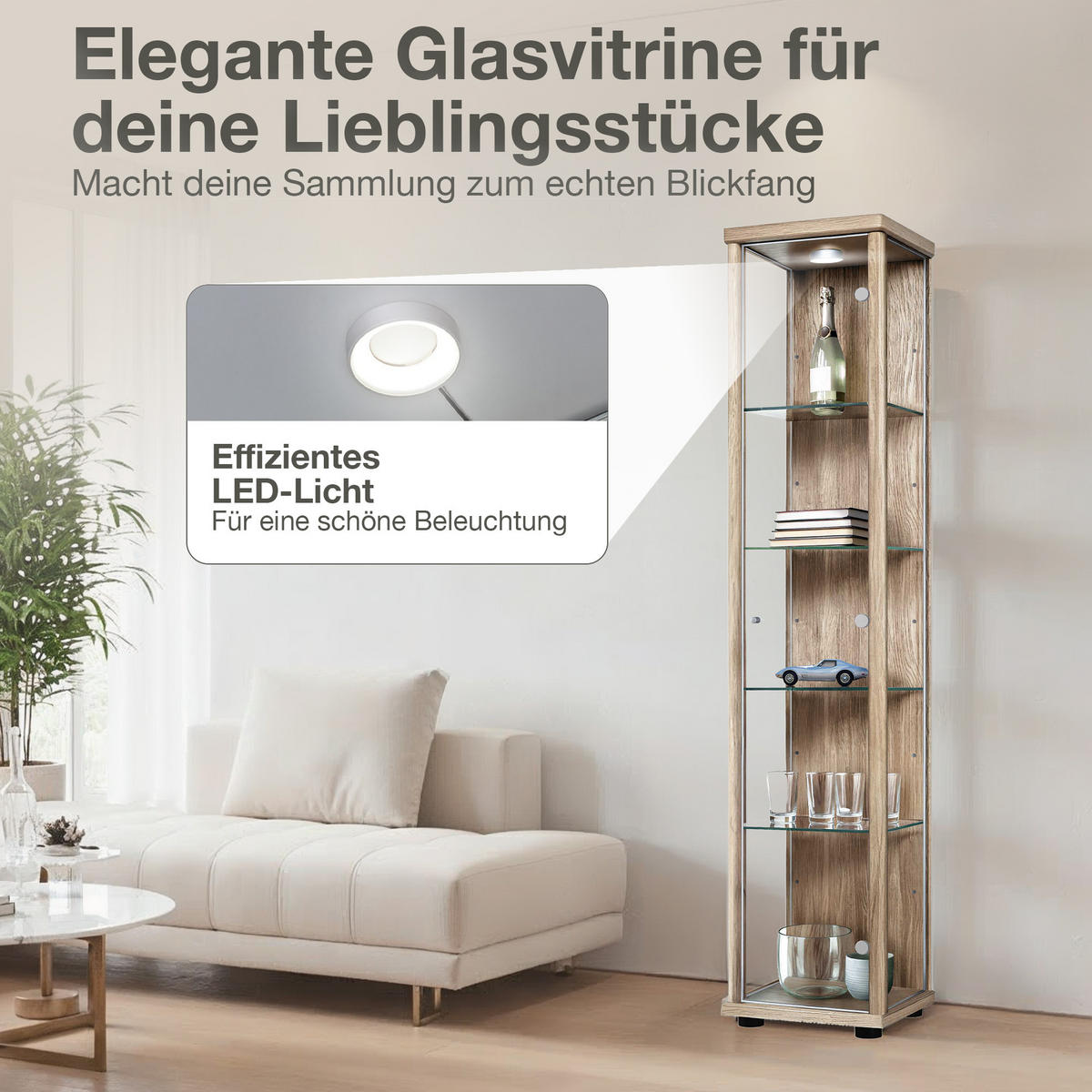 GLASVITRINE 33/37/176 cm mit LED & 4 höhenverstellbaren Glasböden - Transparent/Silberfarben, Glas/Holzwerkstoff (37/176/33cm) - K-Möbel