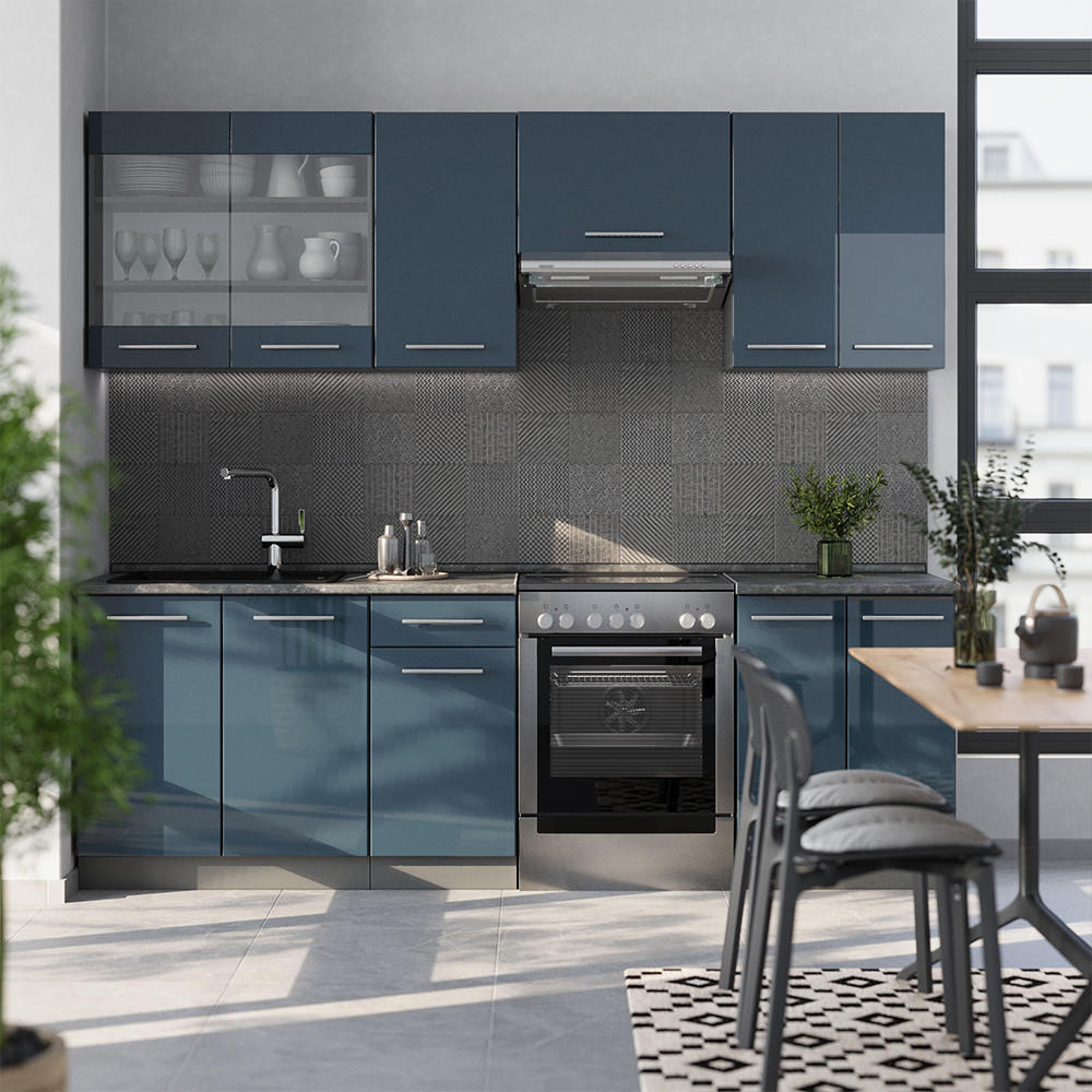 KÜCHENZEILE Fame-Line Dunkelblau Hochglanz/Anthrazit 240 cm, AP Eiche - Anthrazit/Dunkelblau, Holzwerkstoff (240/81.6/60cm) - Vicco