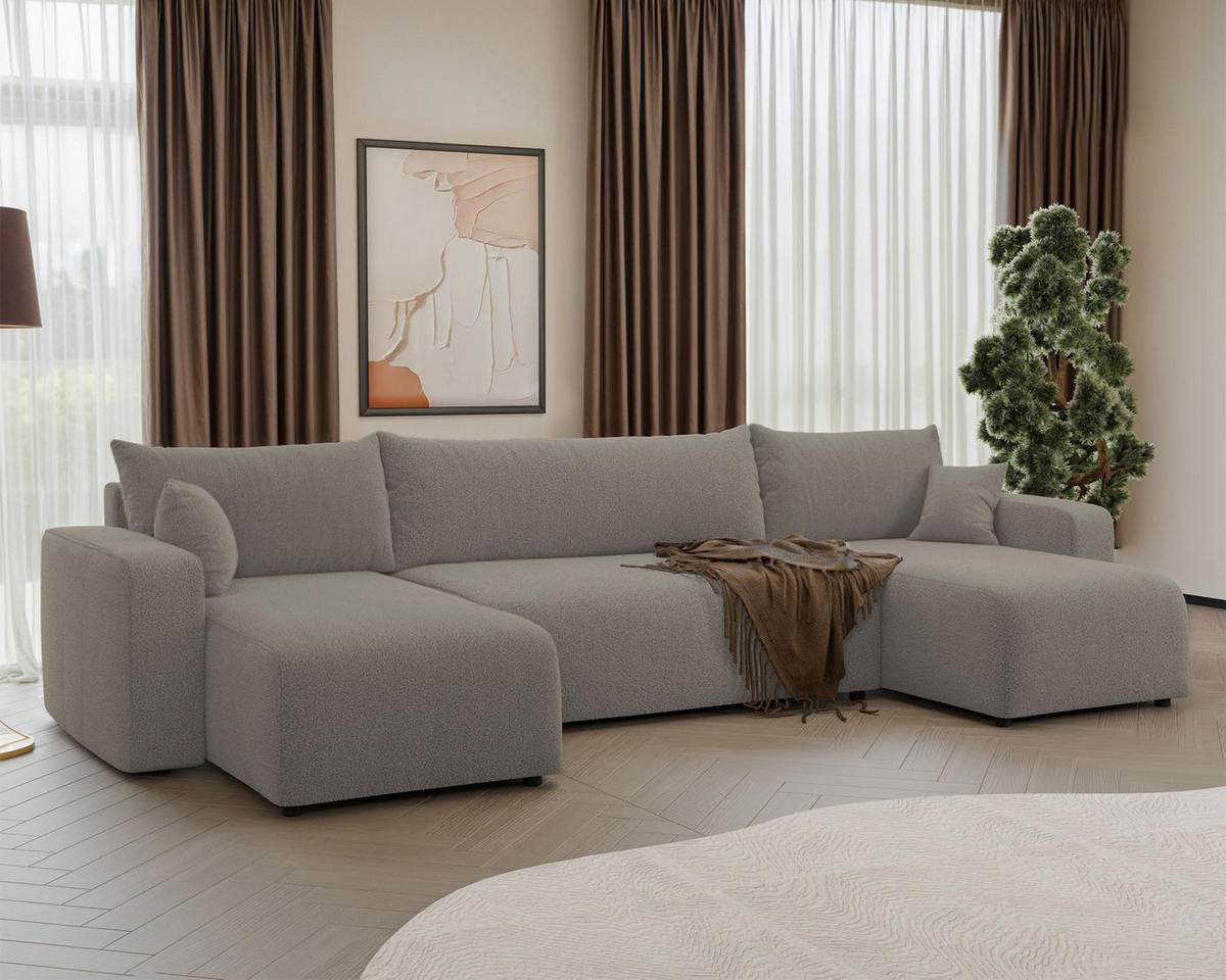 WOHNLANDSCHAFT Pianoni Hellbraun Bouclé-Bezug - Hellbraun/Schwarz, Kunststoff/Textil (312/83/140cm) - Selsey