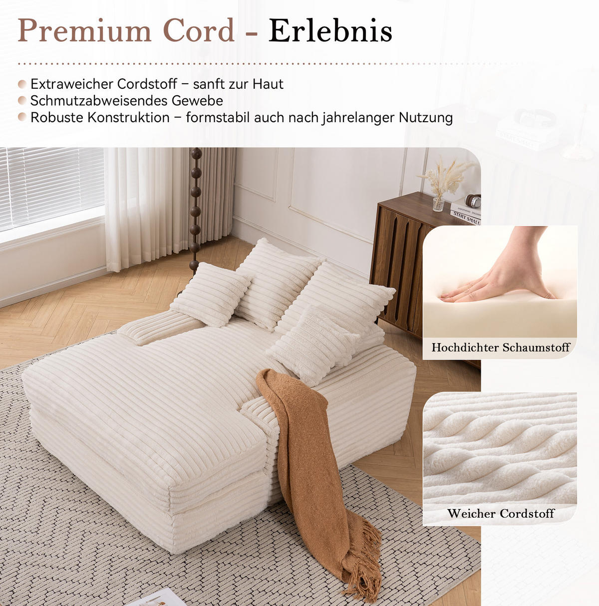 CHAISELONGUE Cordstoff mit Memory-Schaum und 4 Kissen 137/175/63 cm Beige - Beige, Textil (137/63/175cm) - Redom