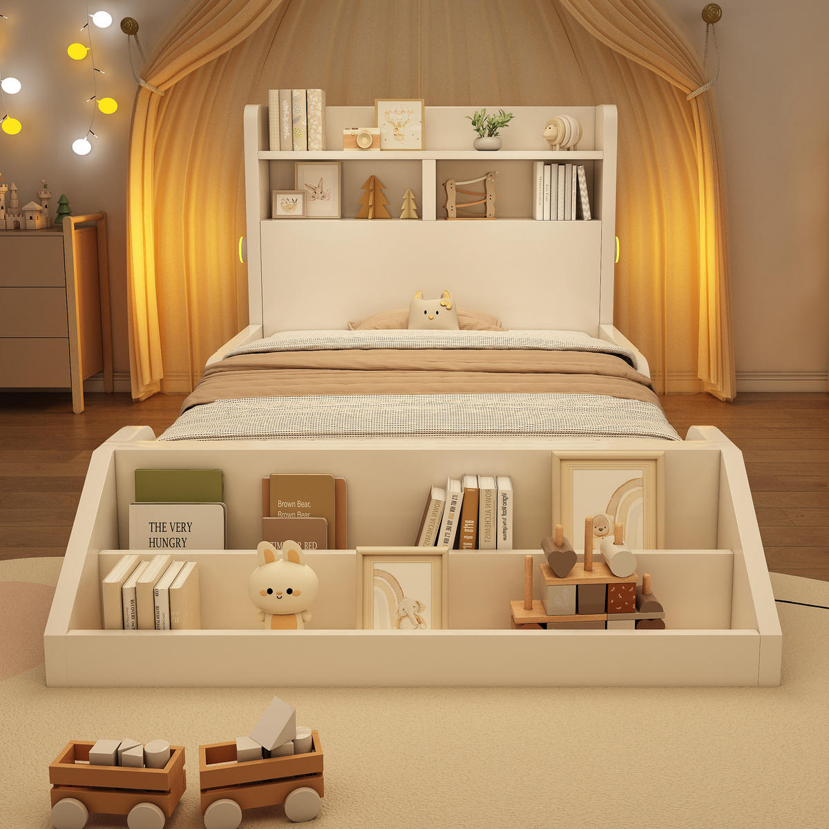 KINDERBETT 90/200 cm Weiß aus Massivholz mit Nachtlichtern und Ablagen - Weiß, Holzwerkstoff (90/200cm) - OKWISH