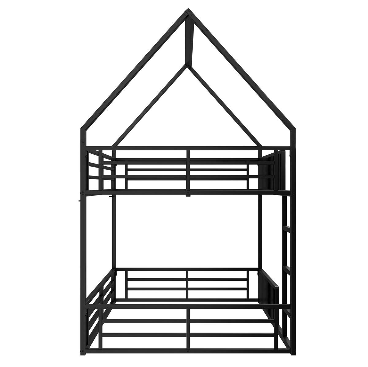 ETAGENBETT 140/200 cm mit Zaun, LED-Beleuchtung und Hausdach, Metall, Schwarz - Schwarz, Metall (140/200cm) - Redom