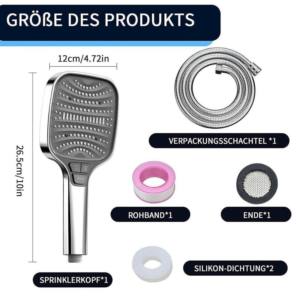 DUSCHKOPF Set mit 1.5m Schlauch Silber 8 Strahlarten Stoppfunktion - Silberfarben, Metall (12/12.7/26cm)