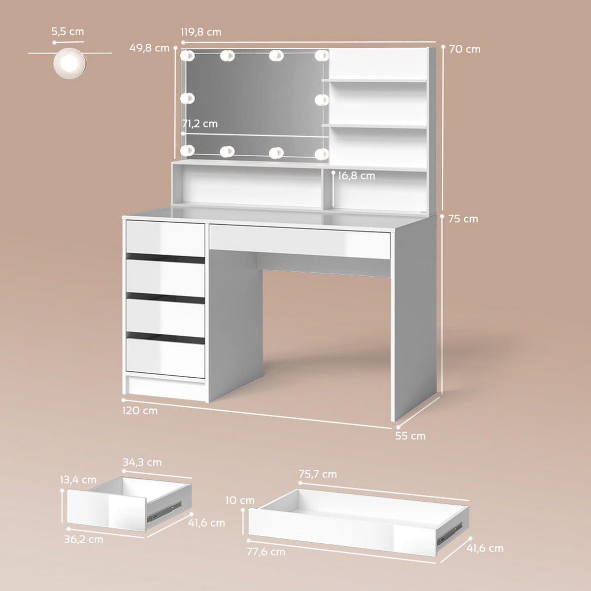 SCHMINKTISCH Imola Weiß 145 cm mit LED Beleuchtung, und Spiegelregal - Weiß, Holzwerkstoff (145/75/55cm) - Livinity®