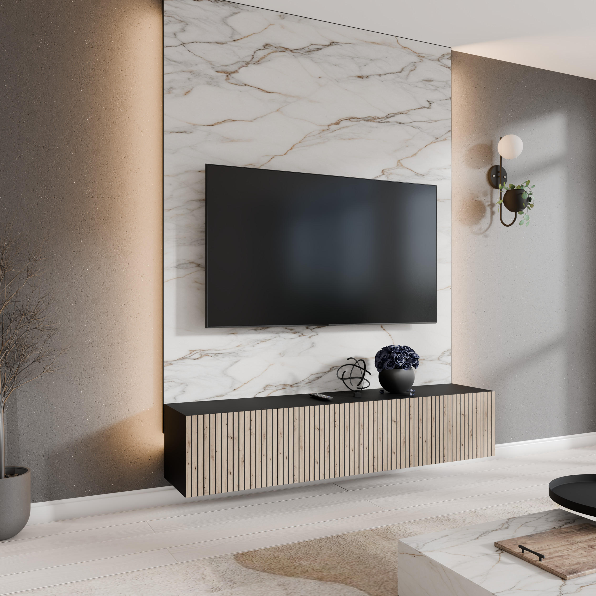 TV-SCHRANK CORA - Schwarz/Eiche Artisan, Holzwerkstoff (200/41/40cm) - Meblini
