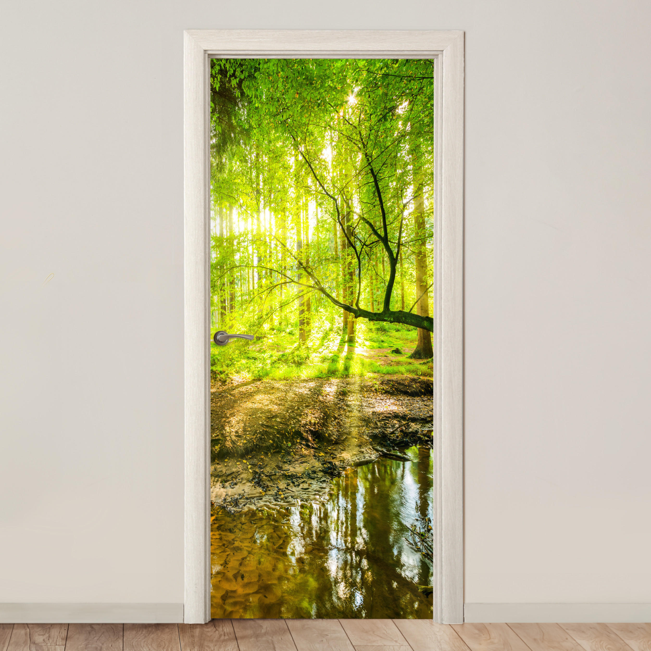 TÜRAUFKLEBER Selbstklebend - Wald - Landschaft - Wasser - Bäume - Sonne - Grün - Natur 75x205 cm - Türtapete - Hellgrün, Kunststoff (75/0.1cm) - MuchoWow