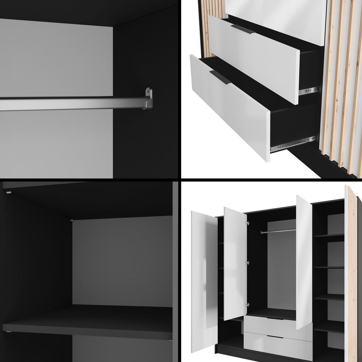 KLEIDERSCHRANK NELIA - 200 cm - Schwarz/Weiß, Holzwerkstoff (200/200/51cm) - ALTDECOR